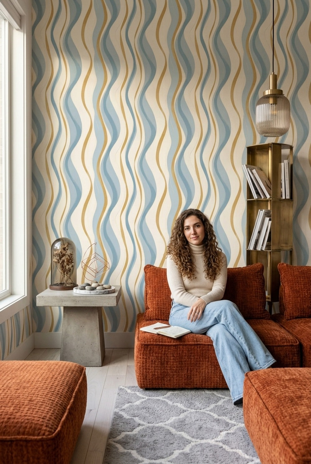 Dalgalı Çizgili Duvar Kağıdı Mavi Hardal Salon Deseni