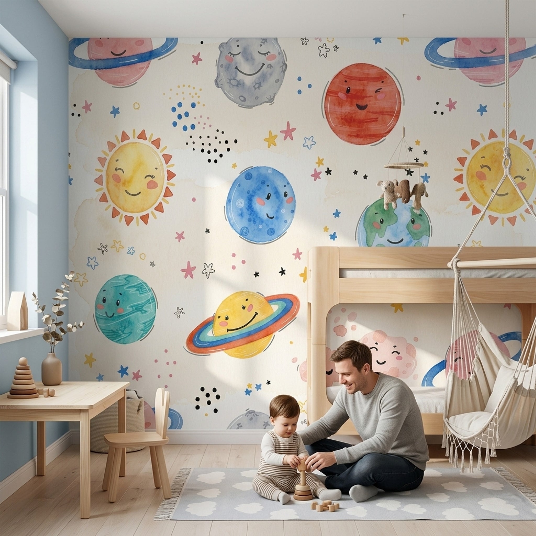 Sevimli Gezegenli Poster Duvar Kağıdı Çocuk Odası Pastel Desenli