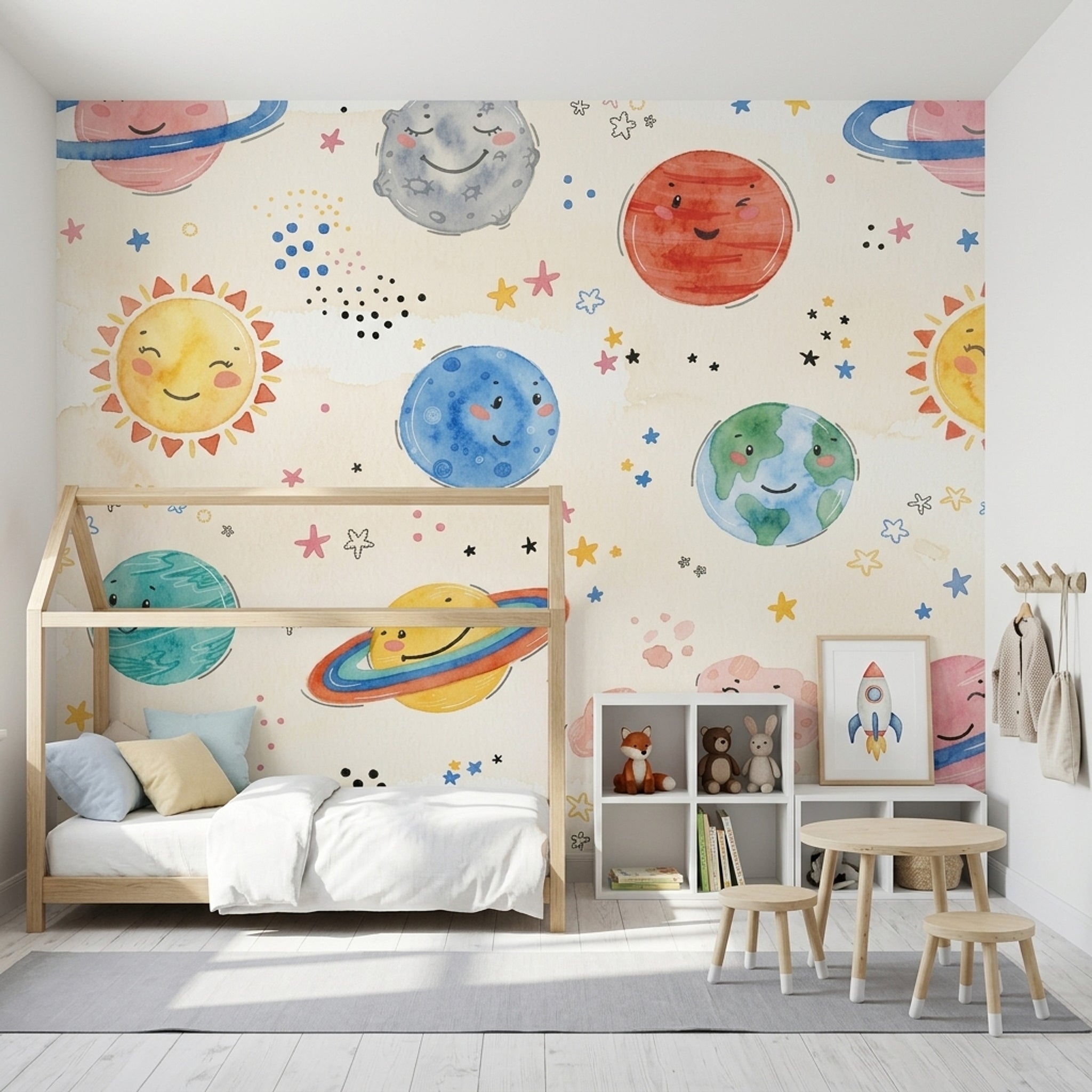Sevimli Gezegenli Poster Duvar Kağıdı Çocuk Odası Pastel Desenli