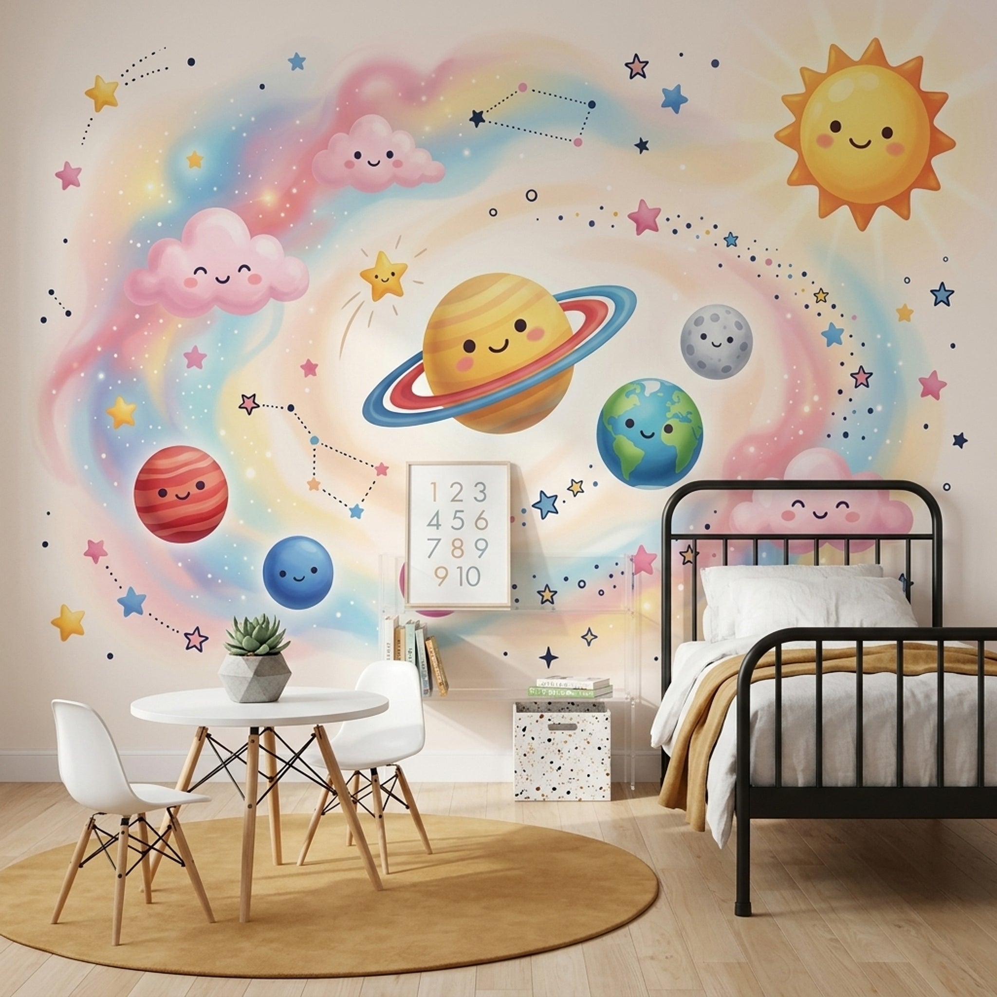 Gezegenli Uzay Poster Duvar Kağıdı Pastel Çocuk Odası