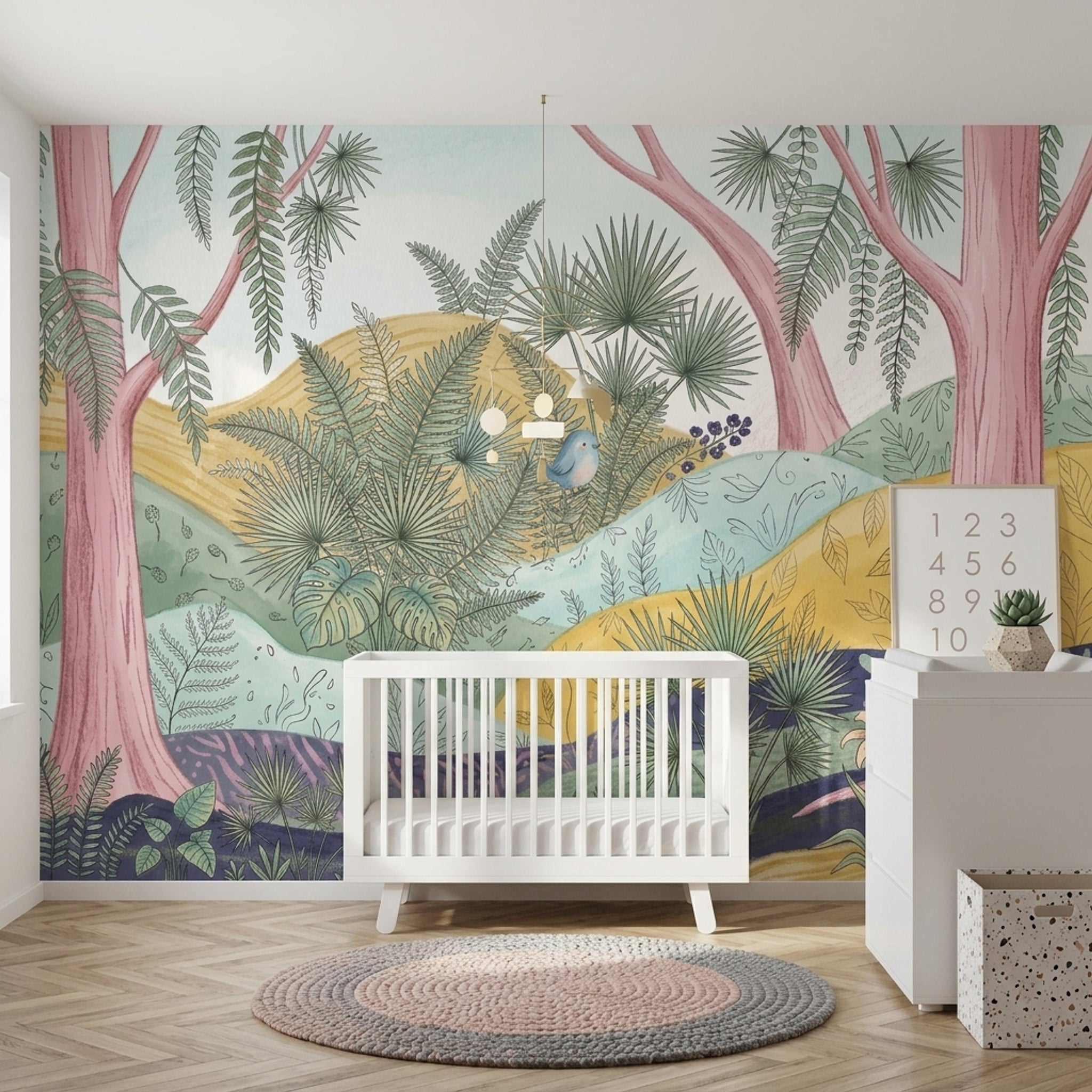 Pastel Orman ve Yaprak Desenli Poster Duvar Kağıdı Bebek Odası