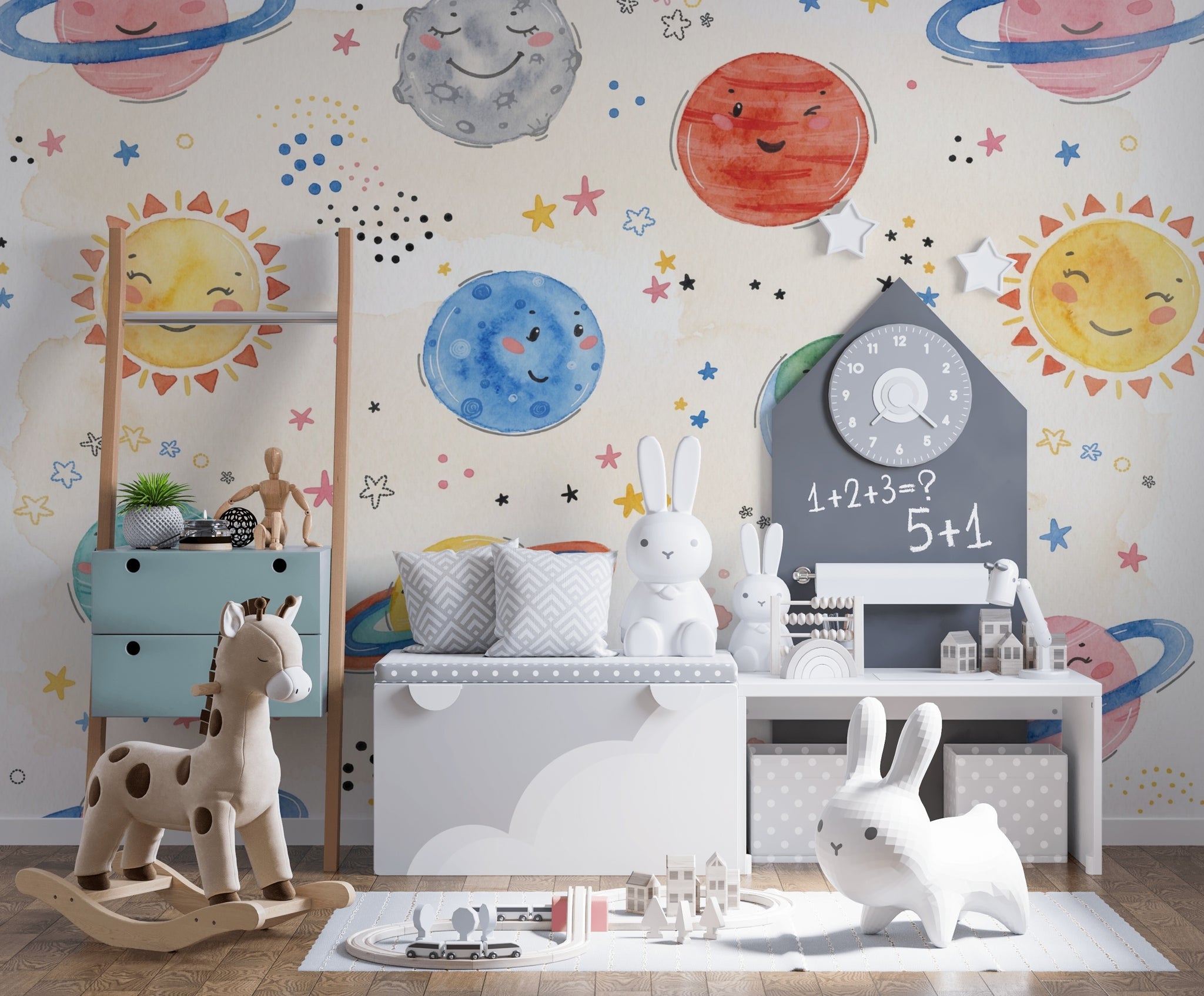 Sevimli Gezegenli Poster Duvar Kağıdı Çocuk Odası Pastel Desenli