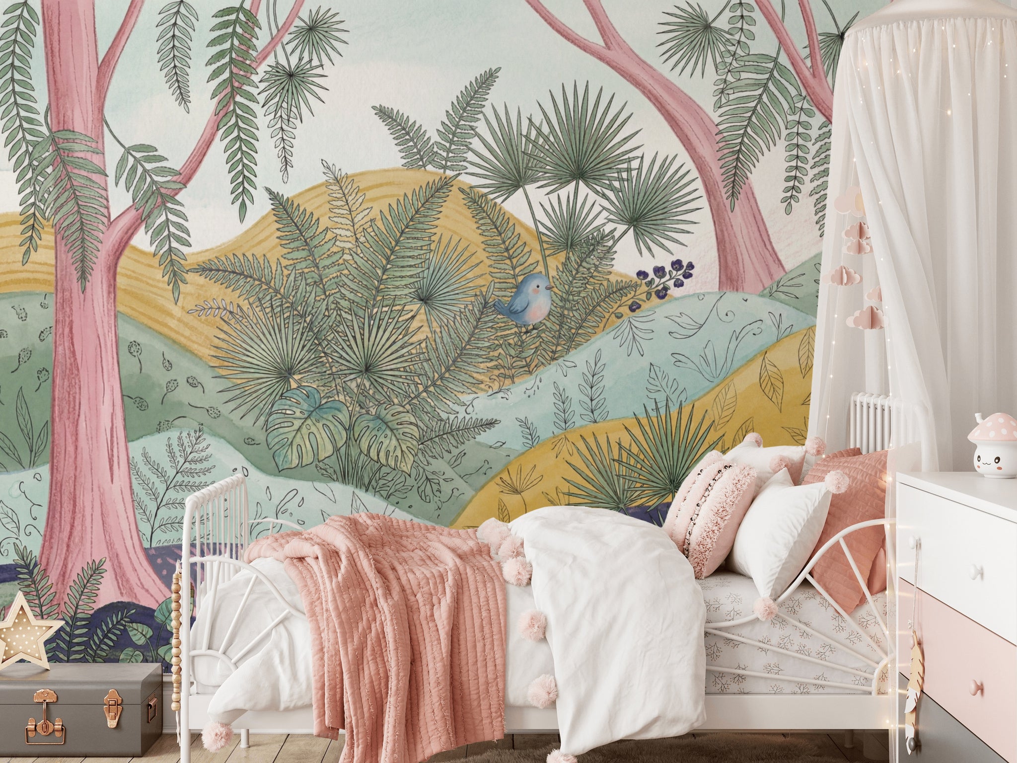 Pastel Orman ve Yaprak Desenli Poster Duvar Kağıdı Bebek Odası