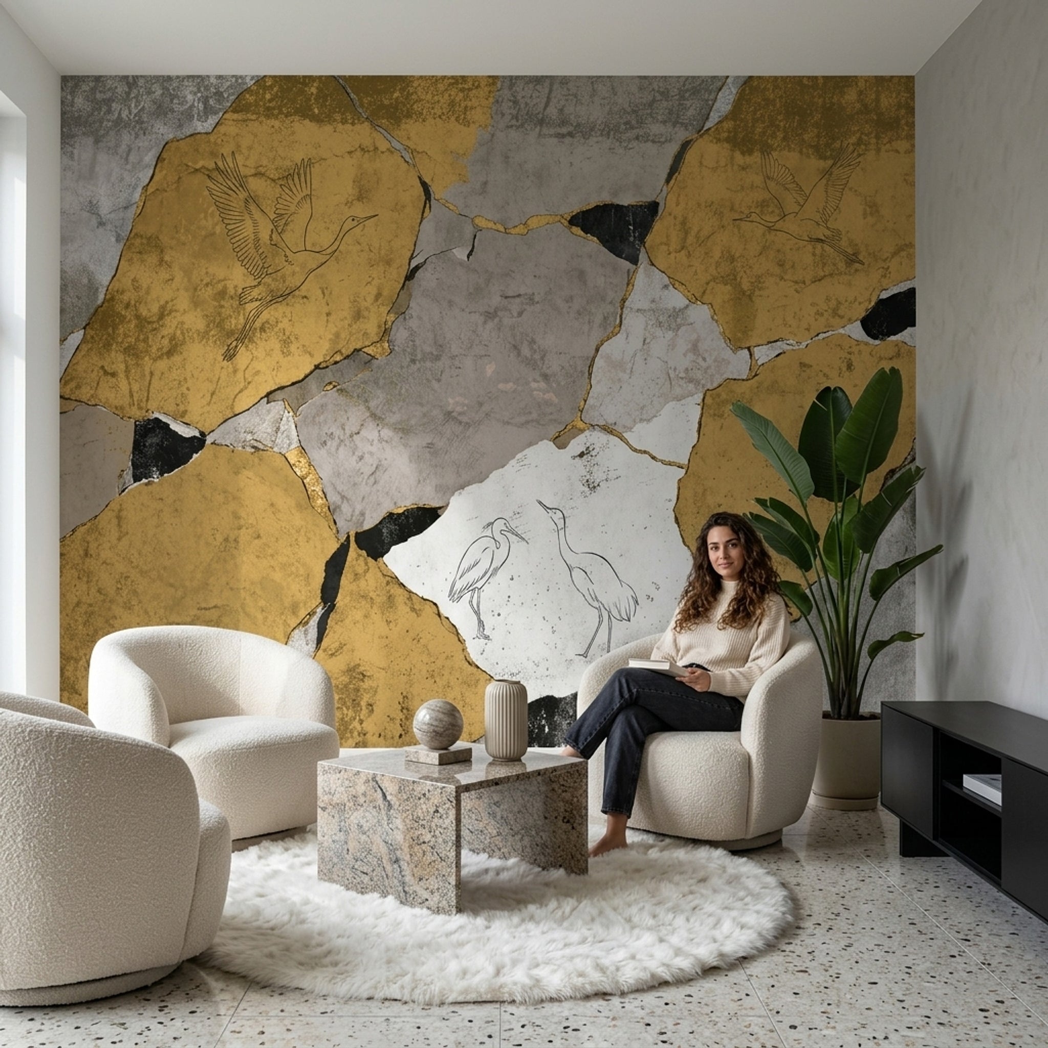 Altın Tonlu Kintsugi Desenli Poster Duvar Kağıdı Turnalı