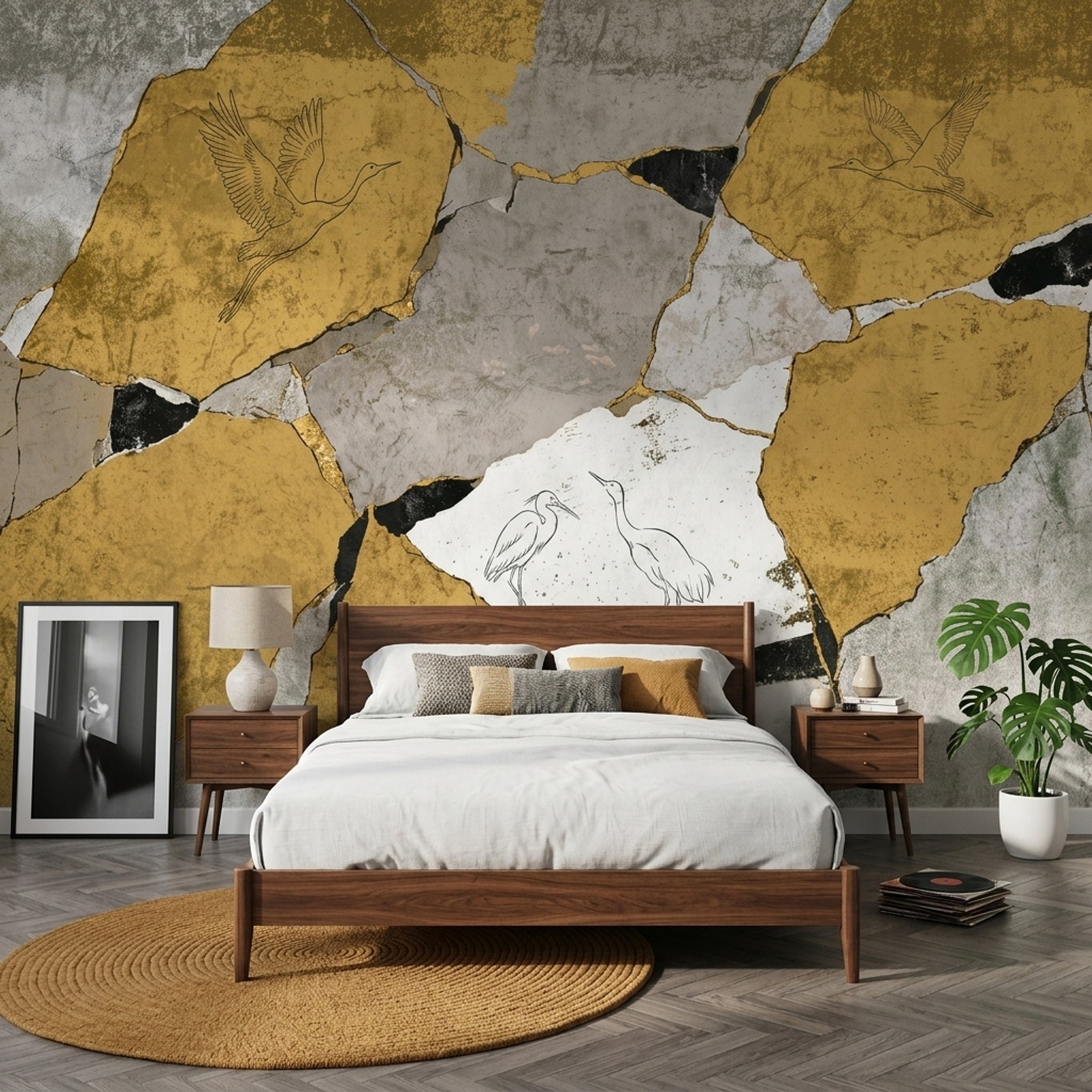Altın Tonlu Kintsugi Desenli Poster Duvar Kağıdı Turnalı