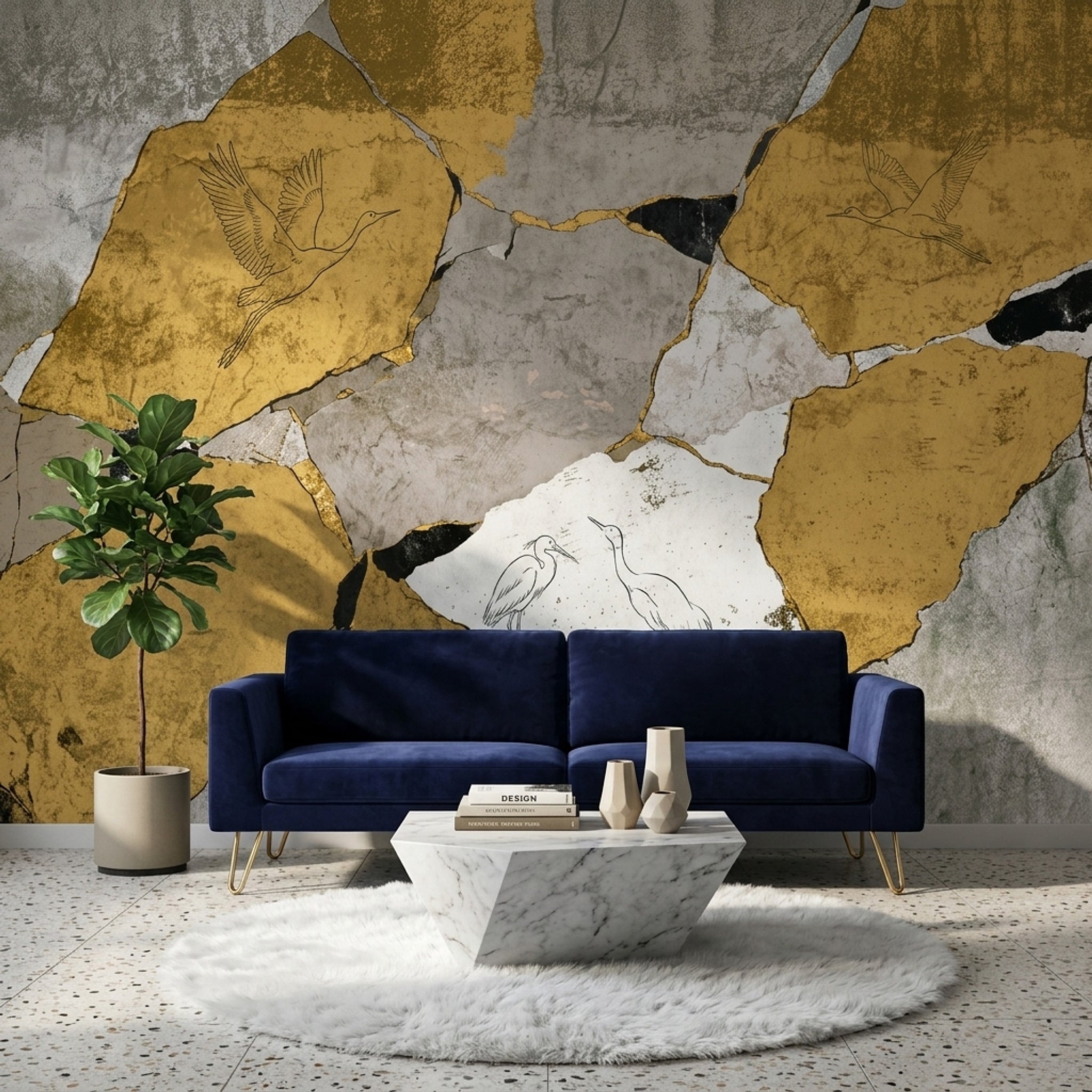 Altın Tonlu Kintsugi Desenli Poster Duvar Kağıdı Turnalı