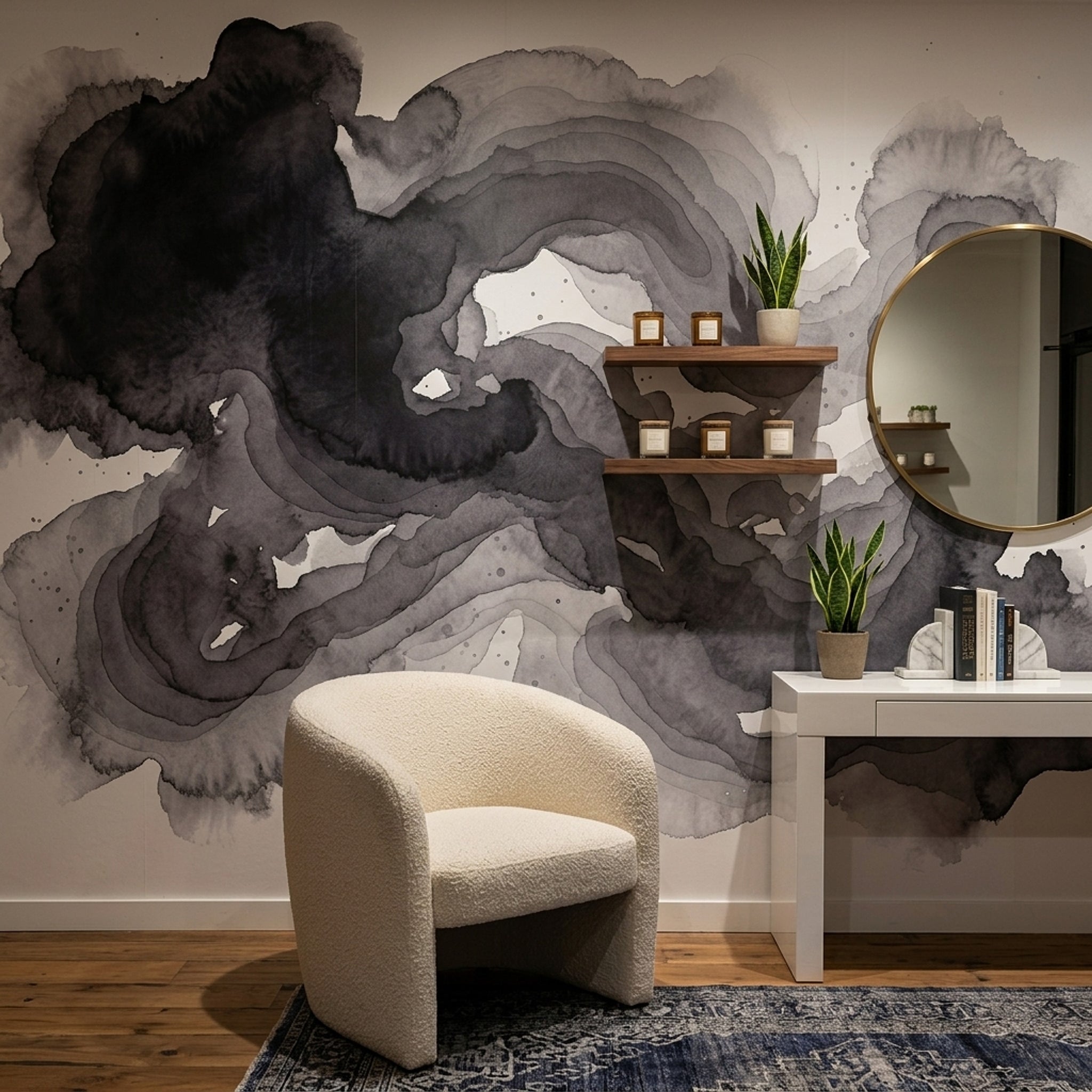 Siyah Gri Soyut Poster Duvar Kağıdı Suluboya Desenli Salon