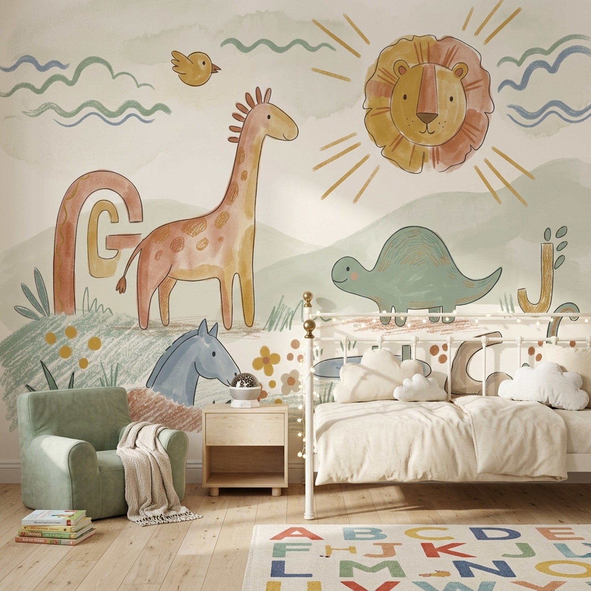 Sevimli Safari Hayvanlı Poster Duvar Kağıdı Pastel Çocuk Odası