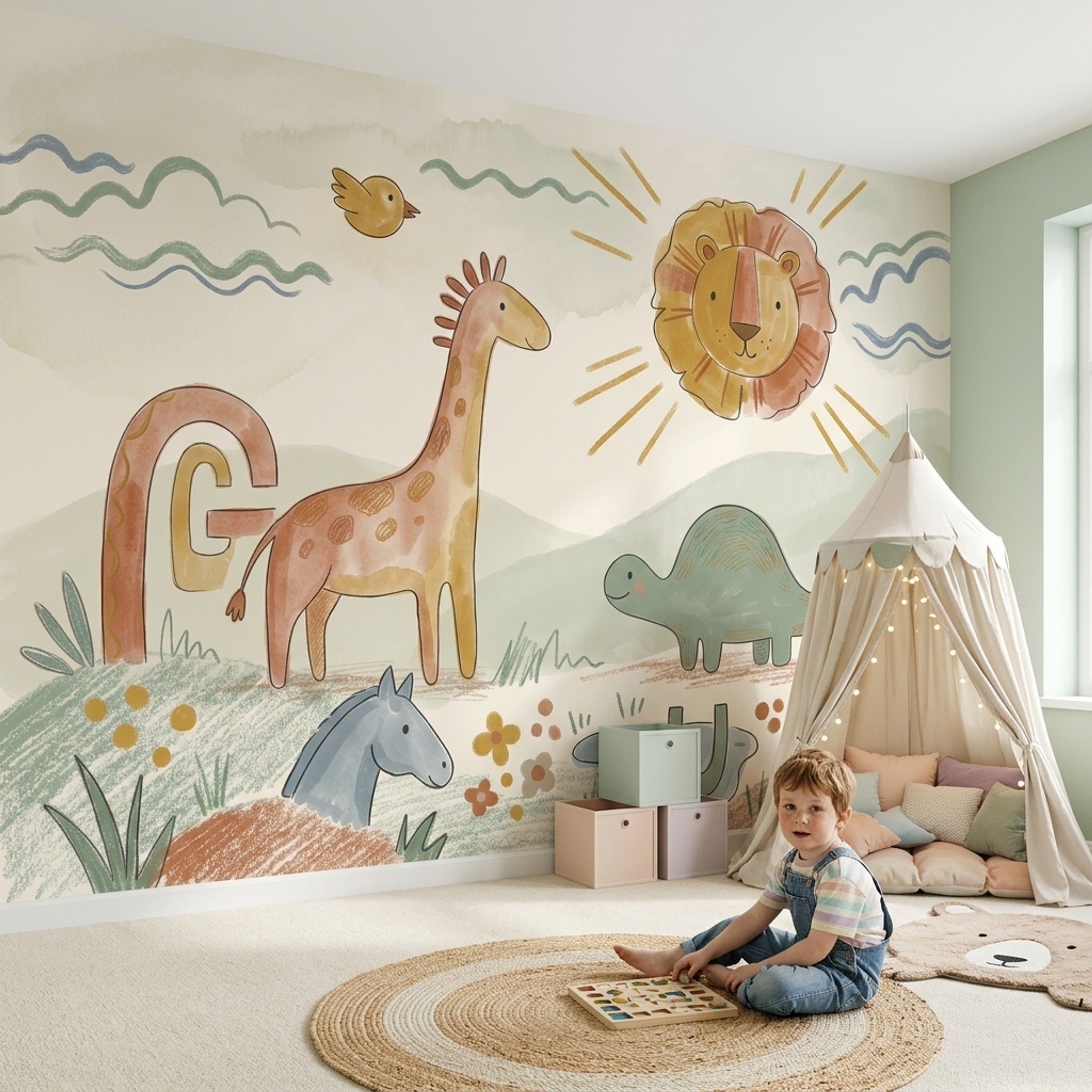 Sevimli Safari Hayvanlı Poster Duvar Kağıdı Pastel Çocuk Odası