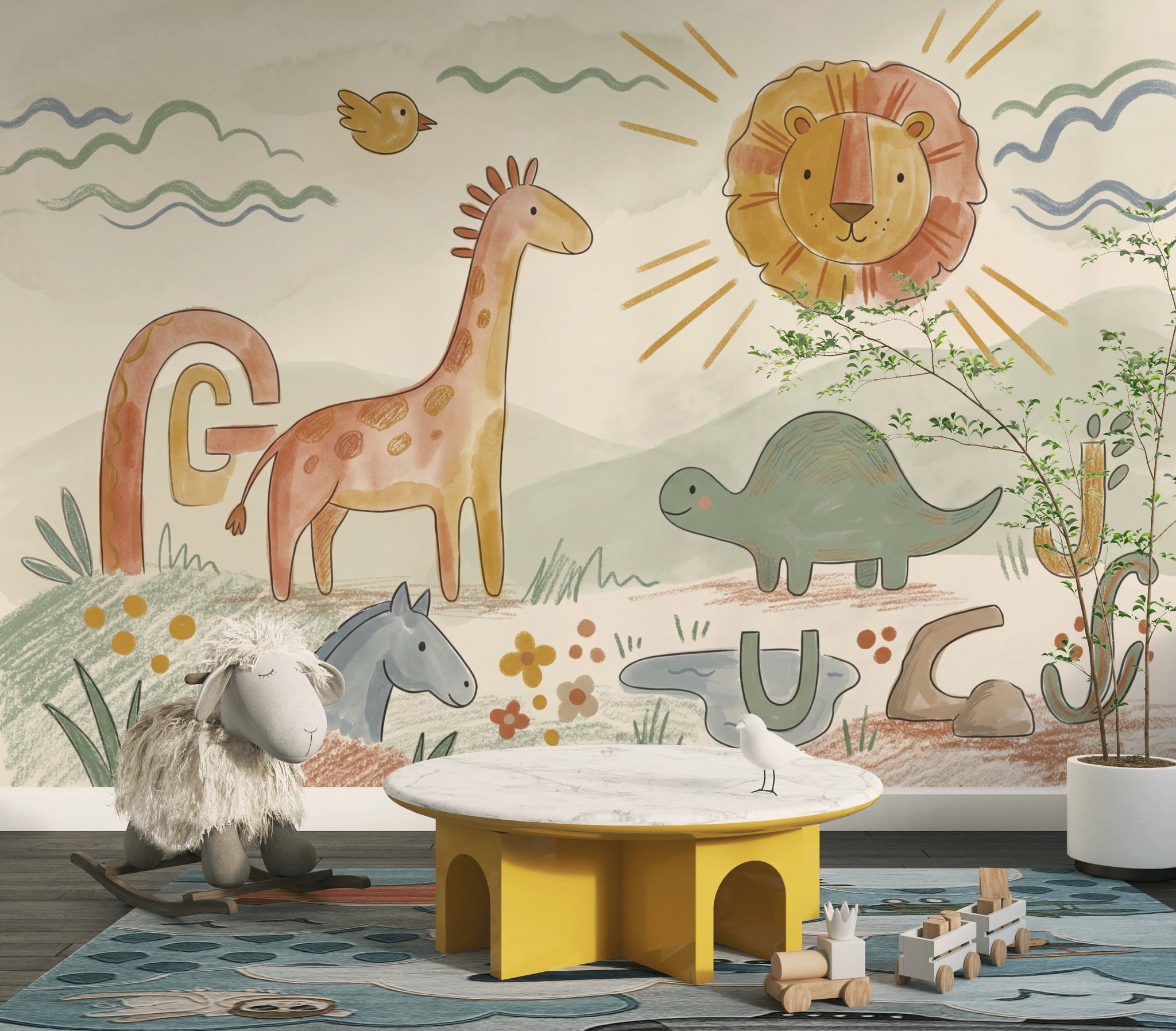Sevimli Safari Hayvanlı Poster Duvar Kağıdı Pastel Çocuk Odası