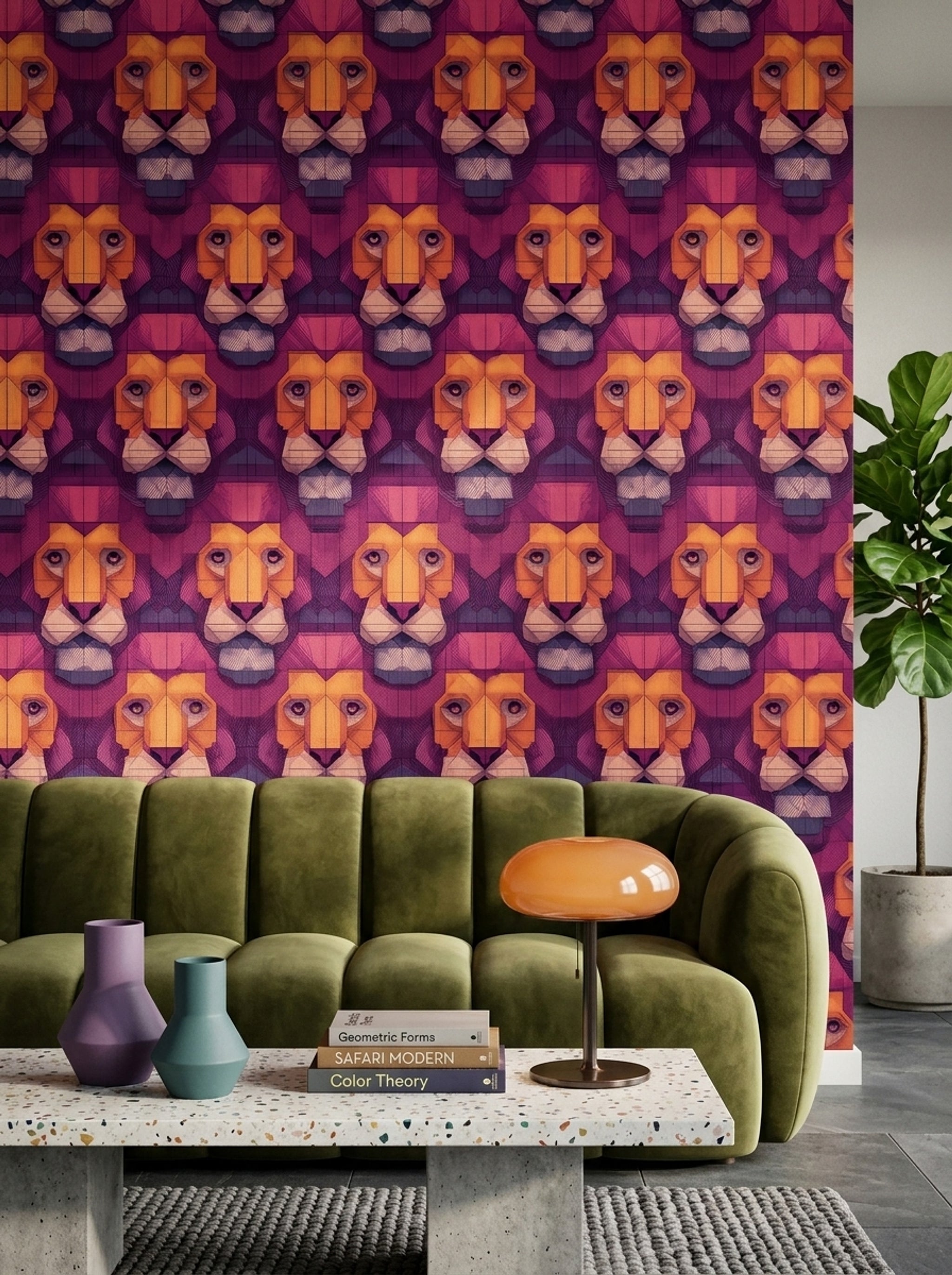 Geometrik Aslan Figürlü Duvar Kağıdı Mor Salon Deseni