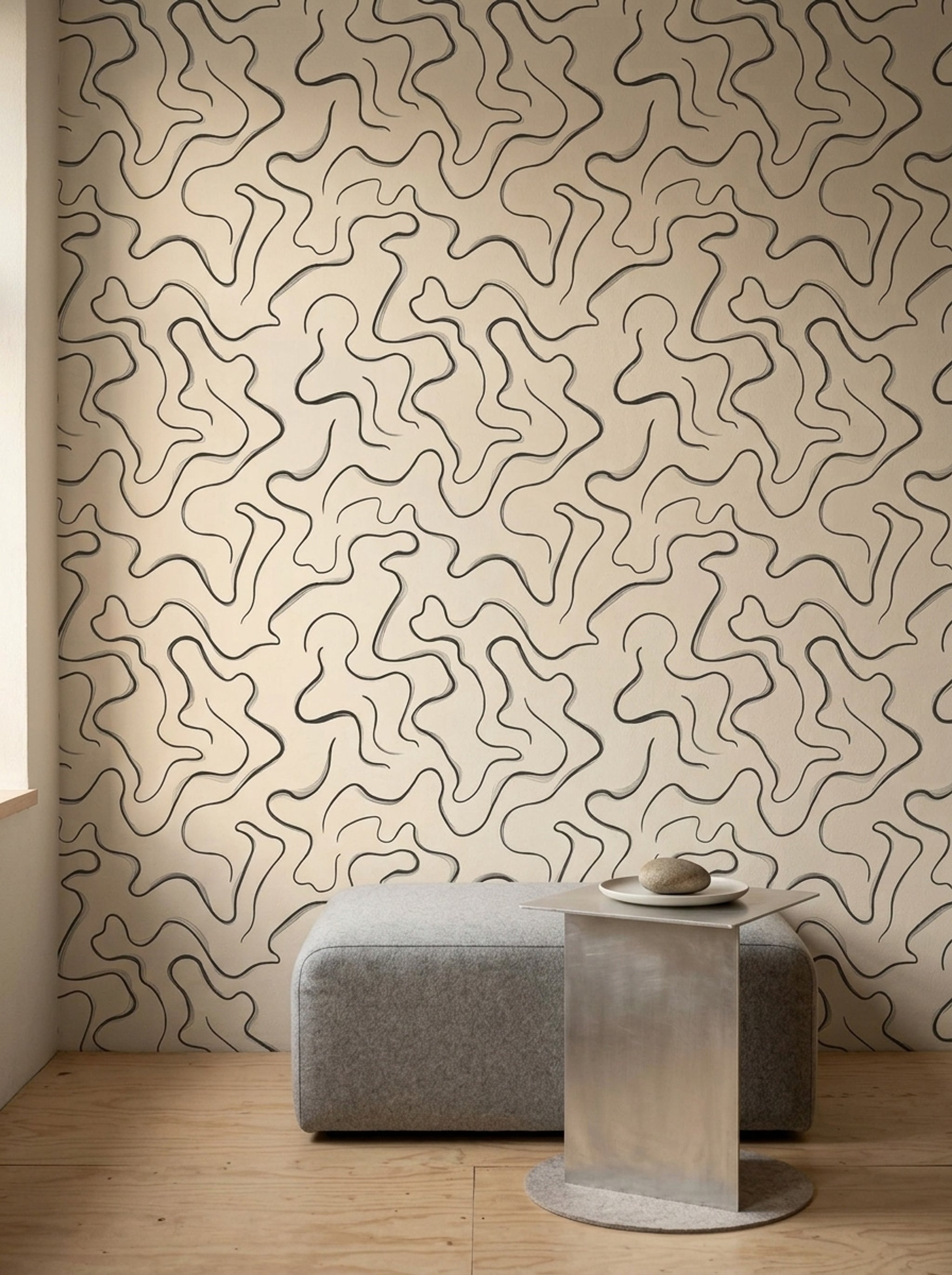 Soyut Dalgalı Çizgili Duvar Kağıdı Bej Modern Salon