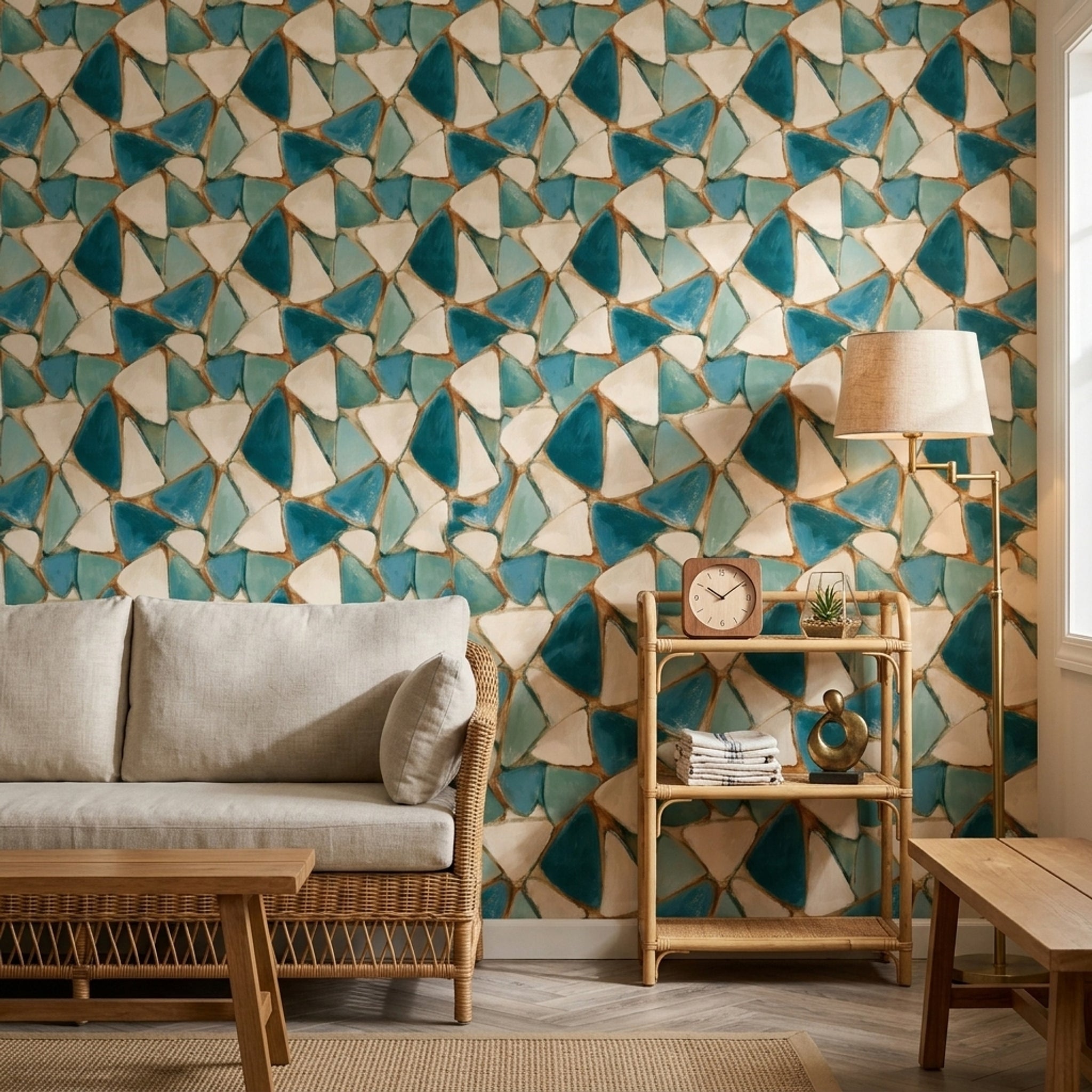 Geometrik Seramik Desenli Duvar Kağıdı Turkuaz Salon Dekoru