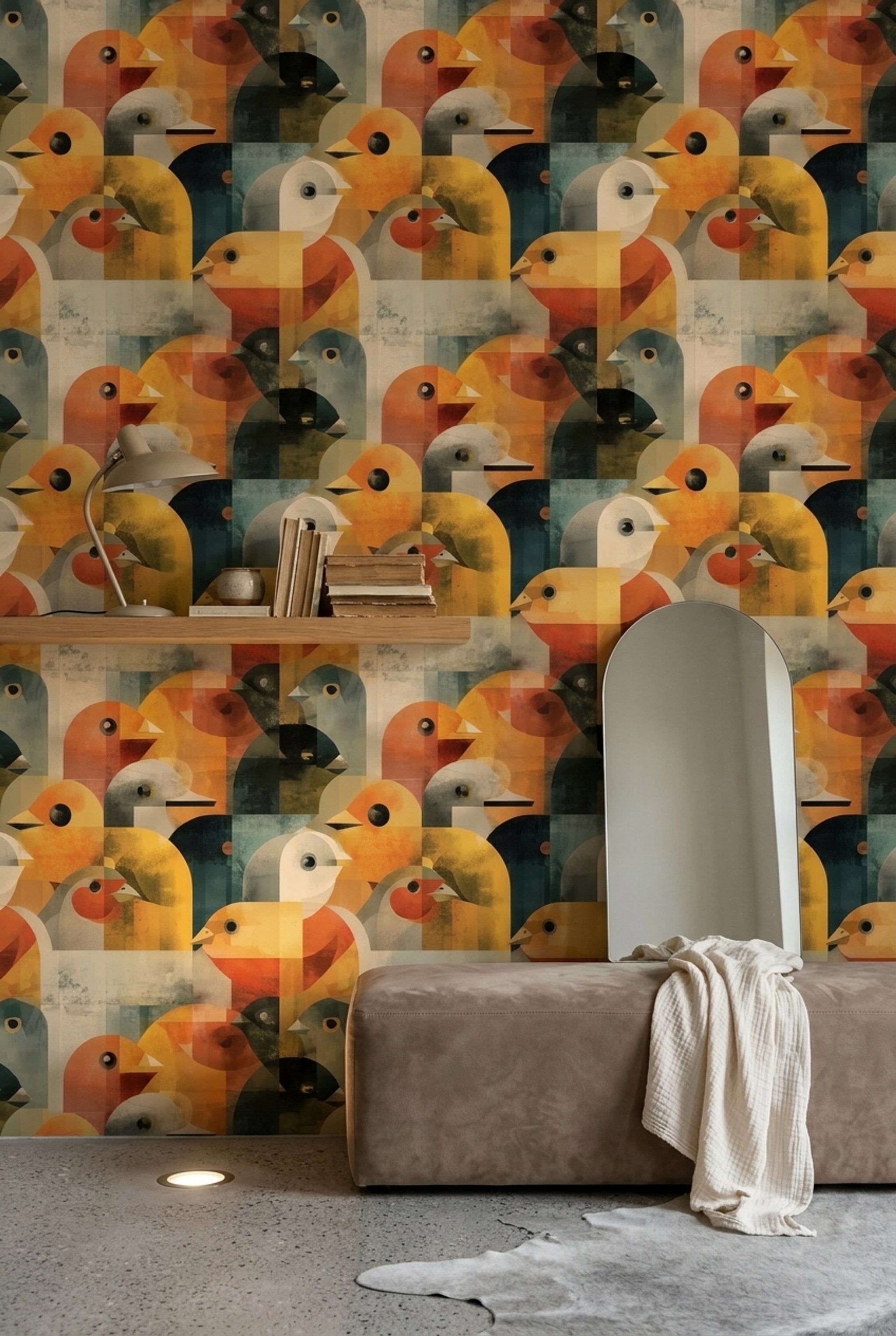 Geometrik Kuş Desenli Duvar Kağıdı Turuncu Sarı Salon