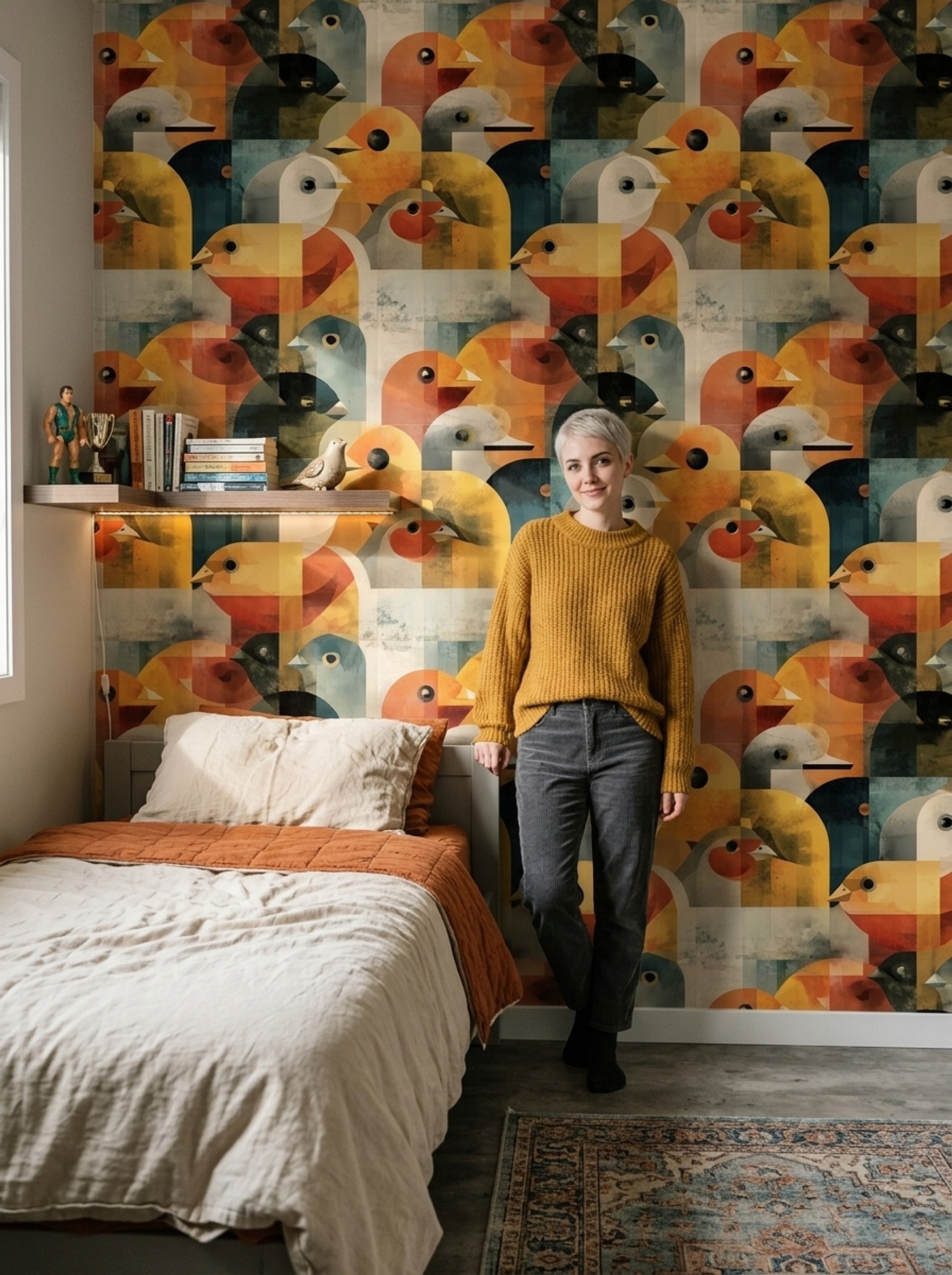 Geometrik Kuş Desenli Duvar Kağıdı Turuncu Sarı Salon