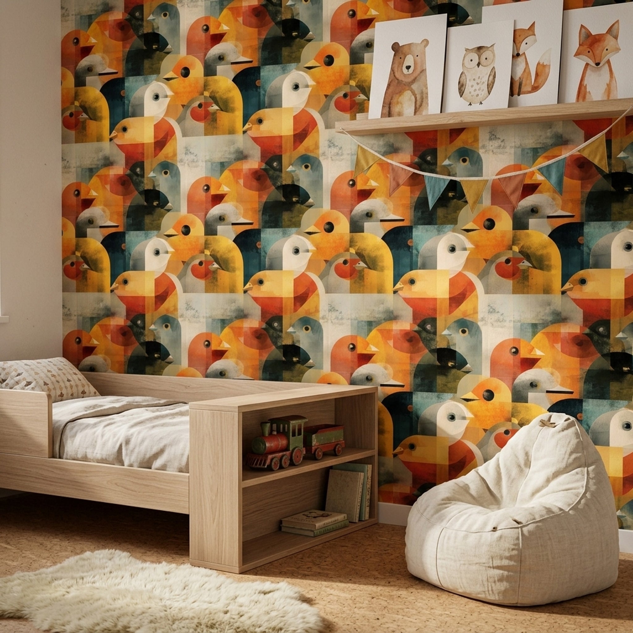 Geometrik Kuş Desenli Duvar Kağıdı Turuncu Sarı Salon