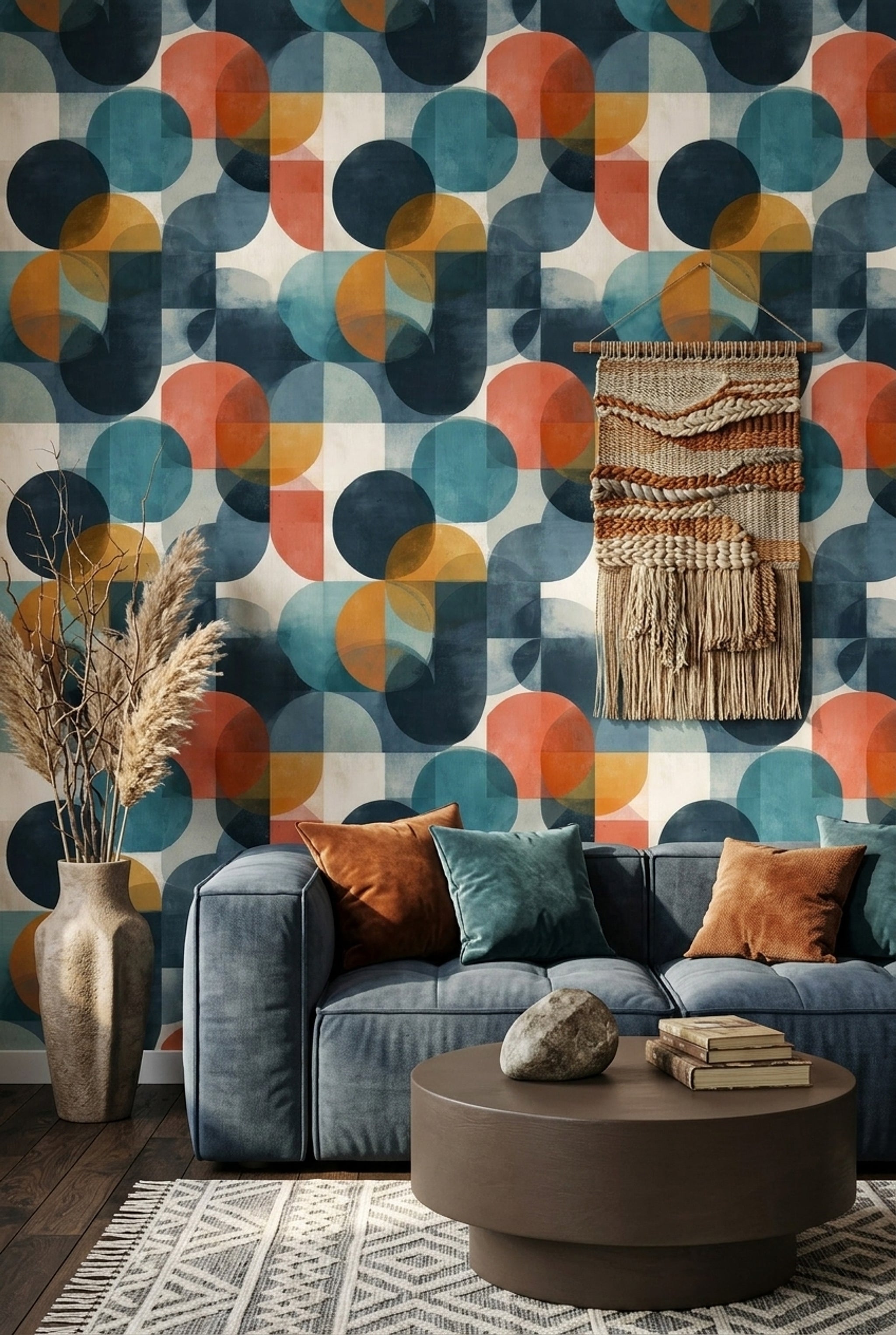 Geometrik Daire Desenli Duvar Kağıdı Lacivert Turuncu Salon