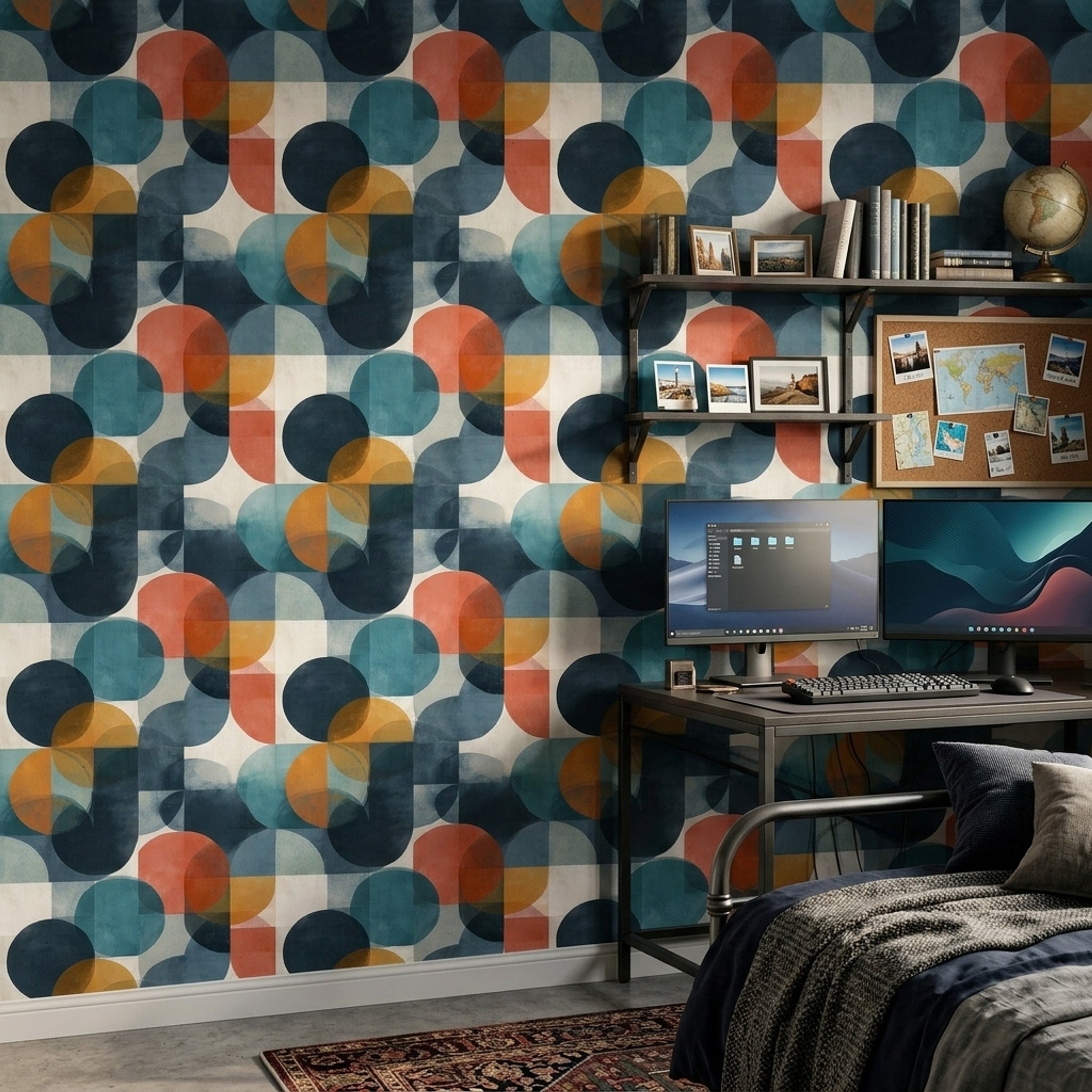 Geometrik Daire Desenli Duvar Kağıdı Lacivert Turuncu Salon