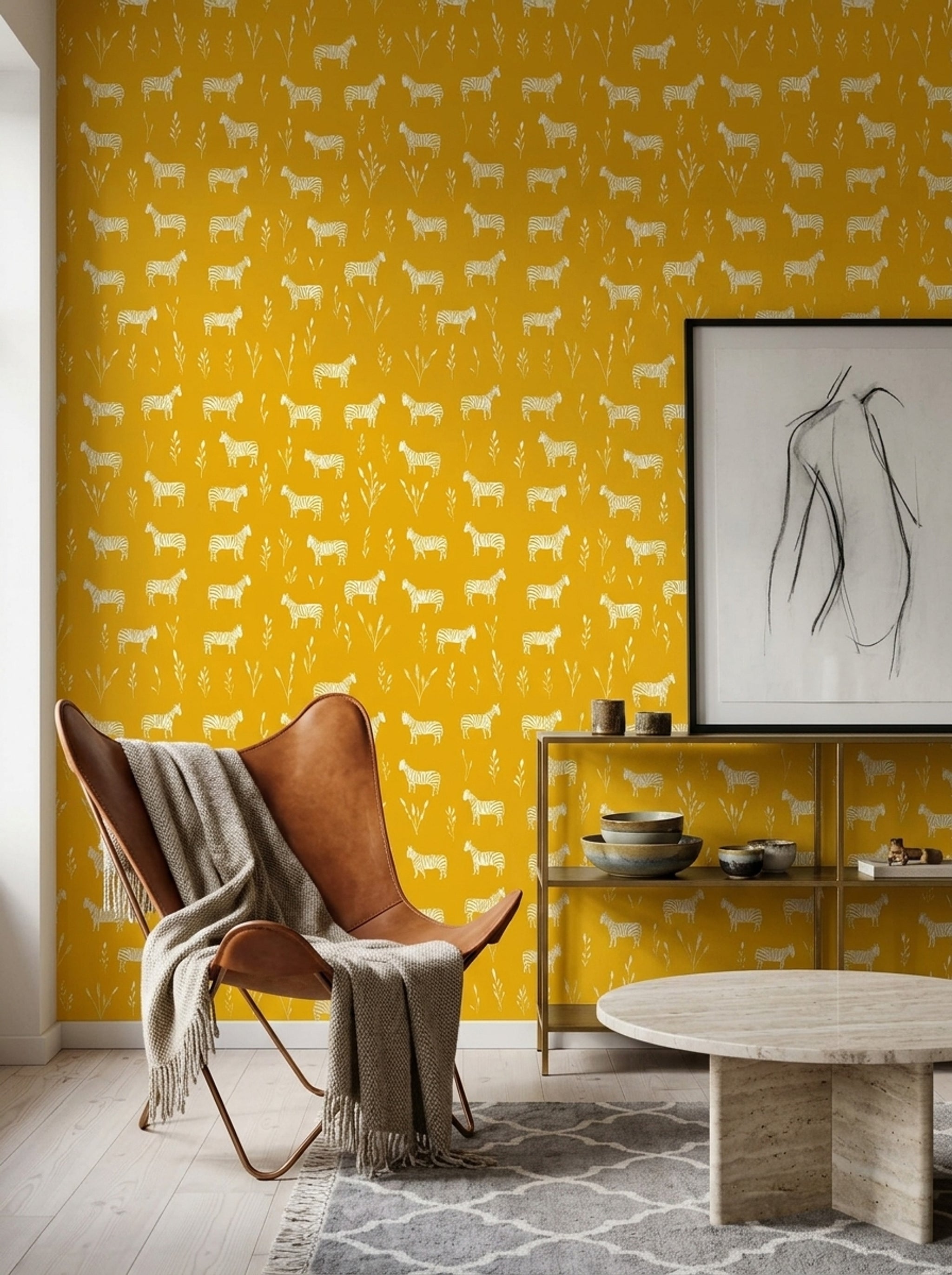 Zebra Desenli Duvar Kağıdı Hardal Sarısı Modern Salon