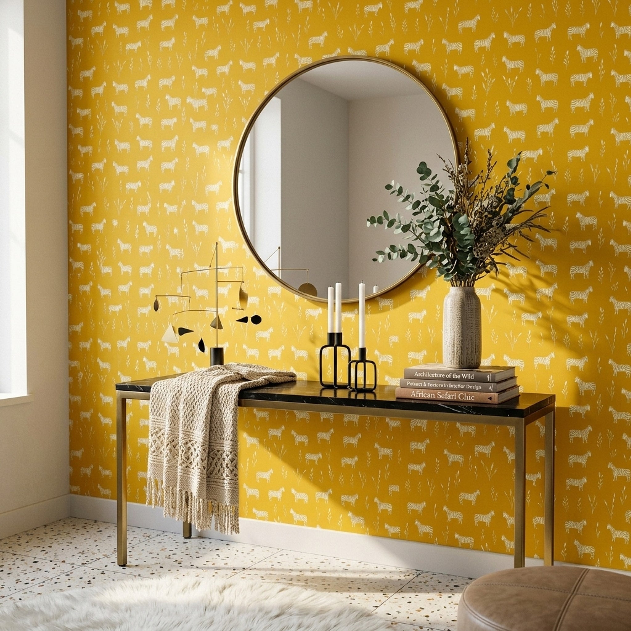 Zebra Desenli Duvar Kağıdı Hardal Sarısı Modern Salon