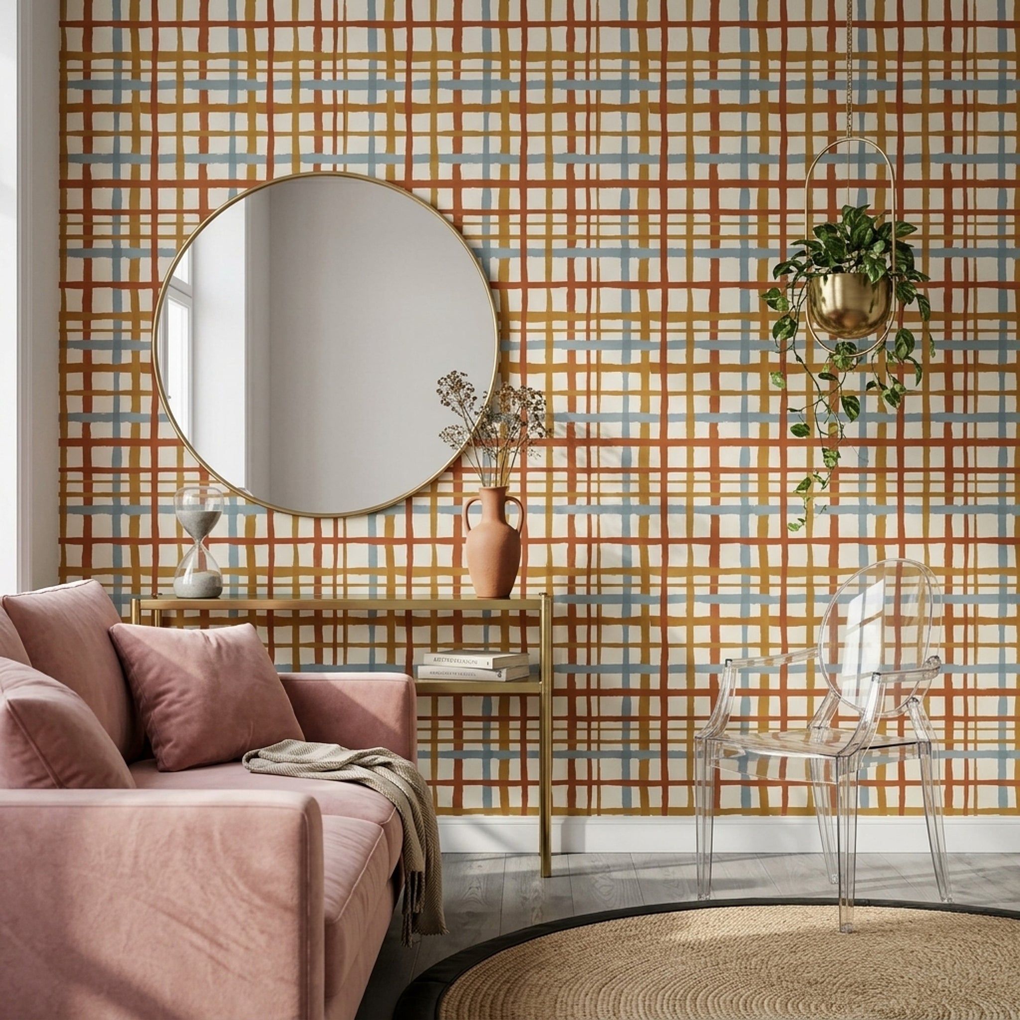 Kareli Çizgili Duvar Kağıdı Kiremit Mavi Modern Salon