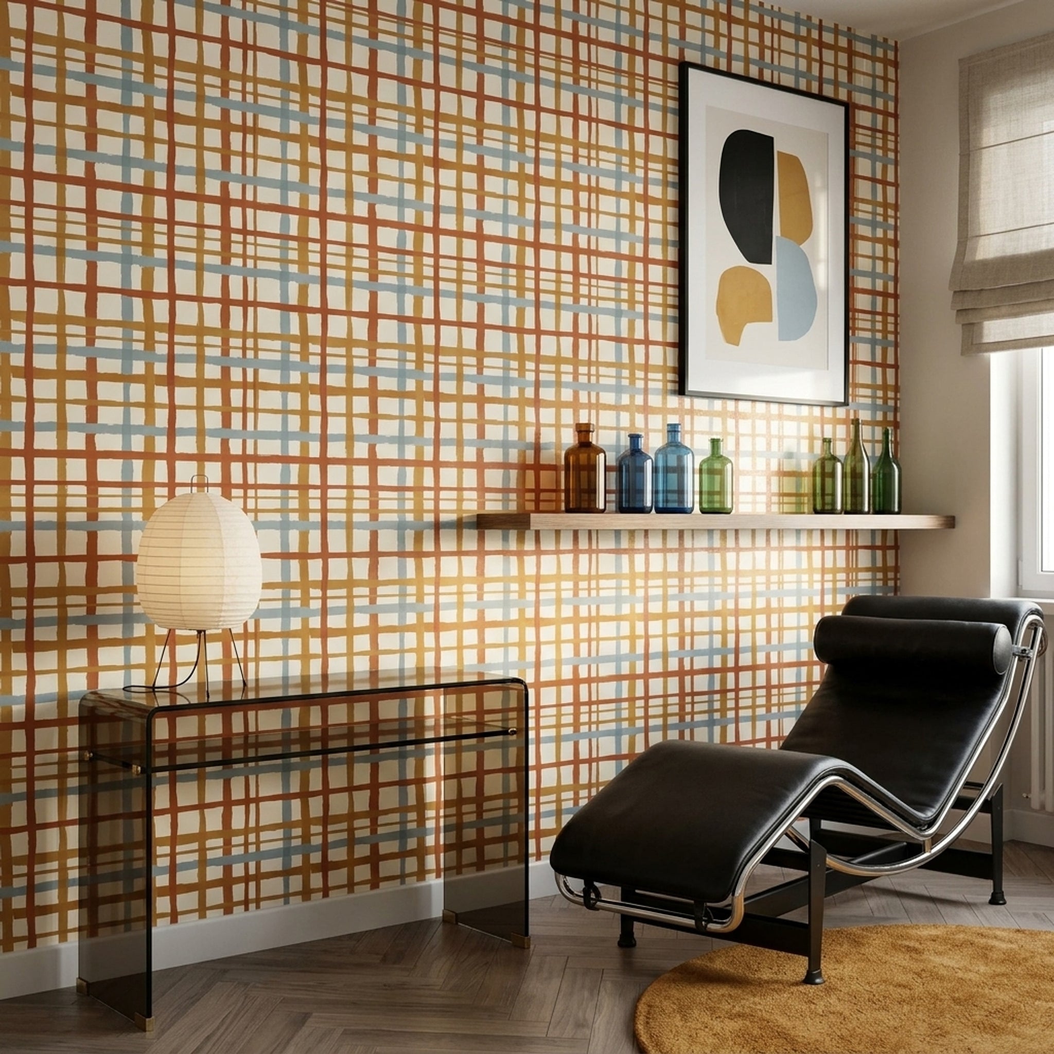 Kareli Çizgili Duvar Kağıdı Kiremit Mavi Modern Salon