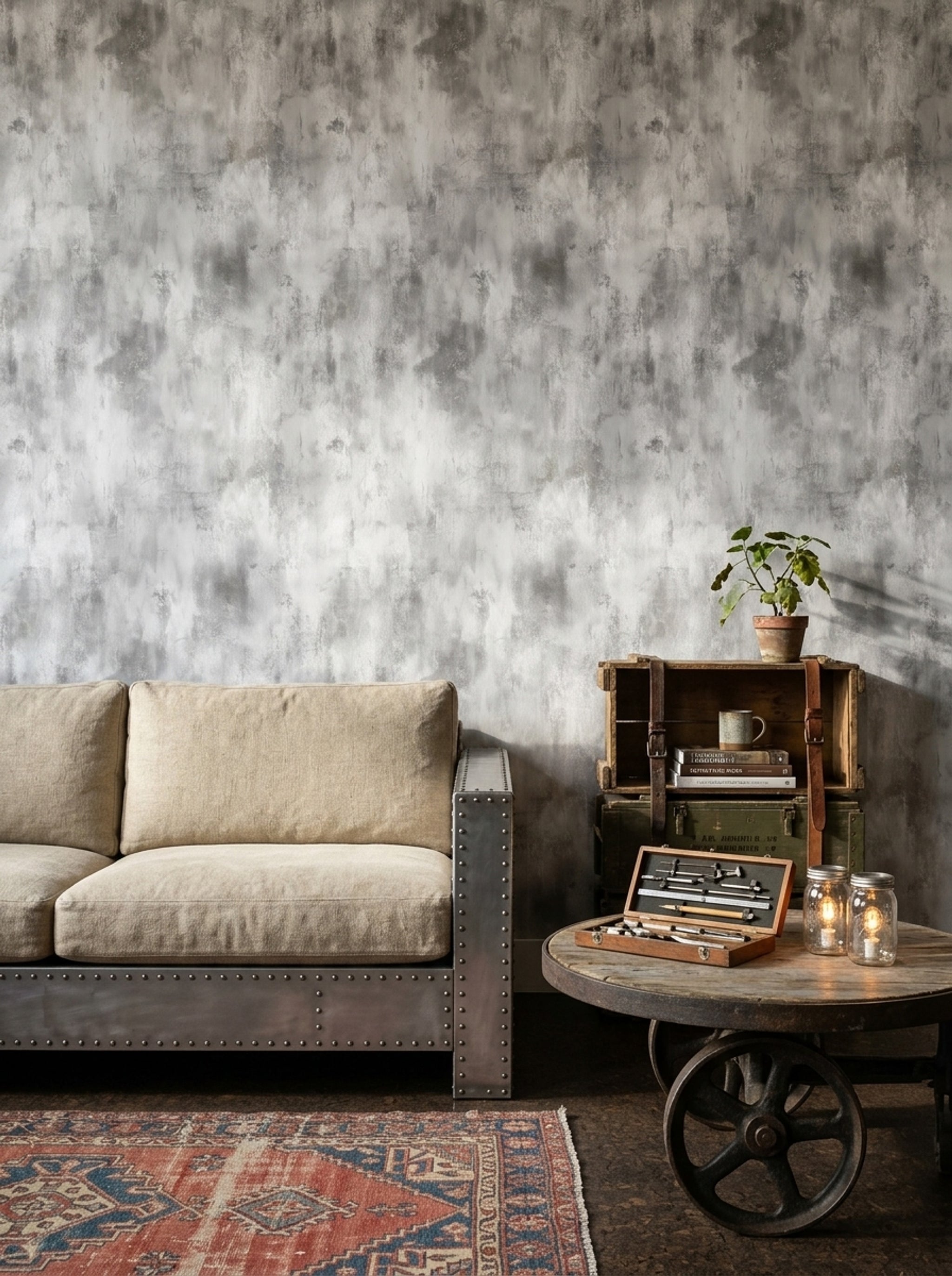 Beton Görünümlü Duvar Kağıdı Gri Endüstriyel Salon Duvarı