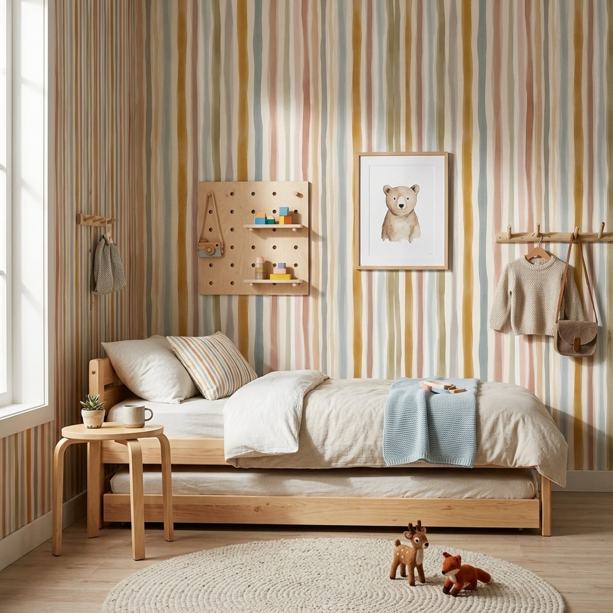 Renkli Dikey Çizgili Duvar Kağıdı Pastel Çocuk Odası