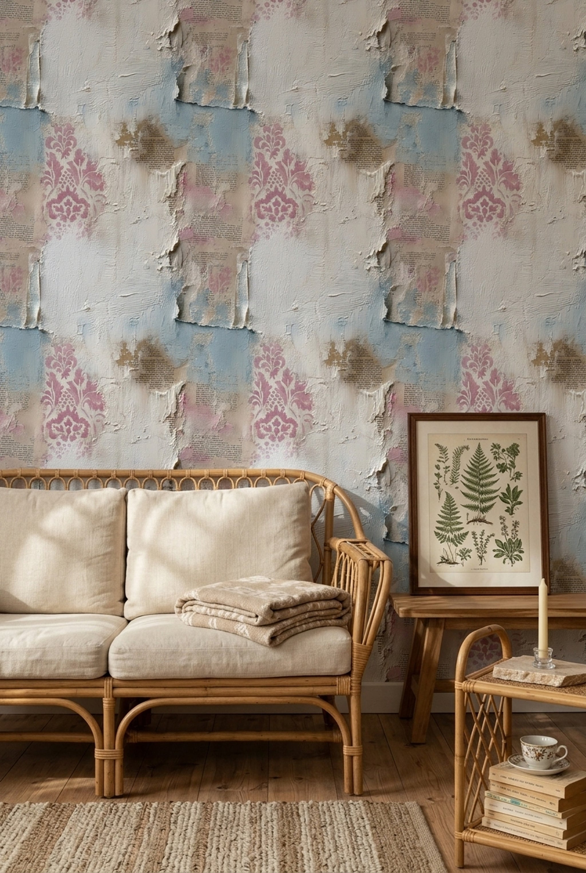 Eskitme Damask Desenli Duvar Kağıdı Mavi Krem Salon