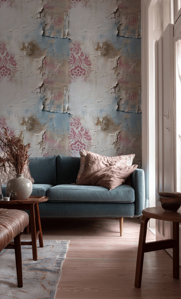 Eskitme Damask Desenli Duvar Kağıdı Mavi Krem Salon