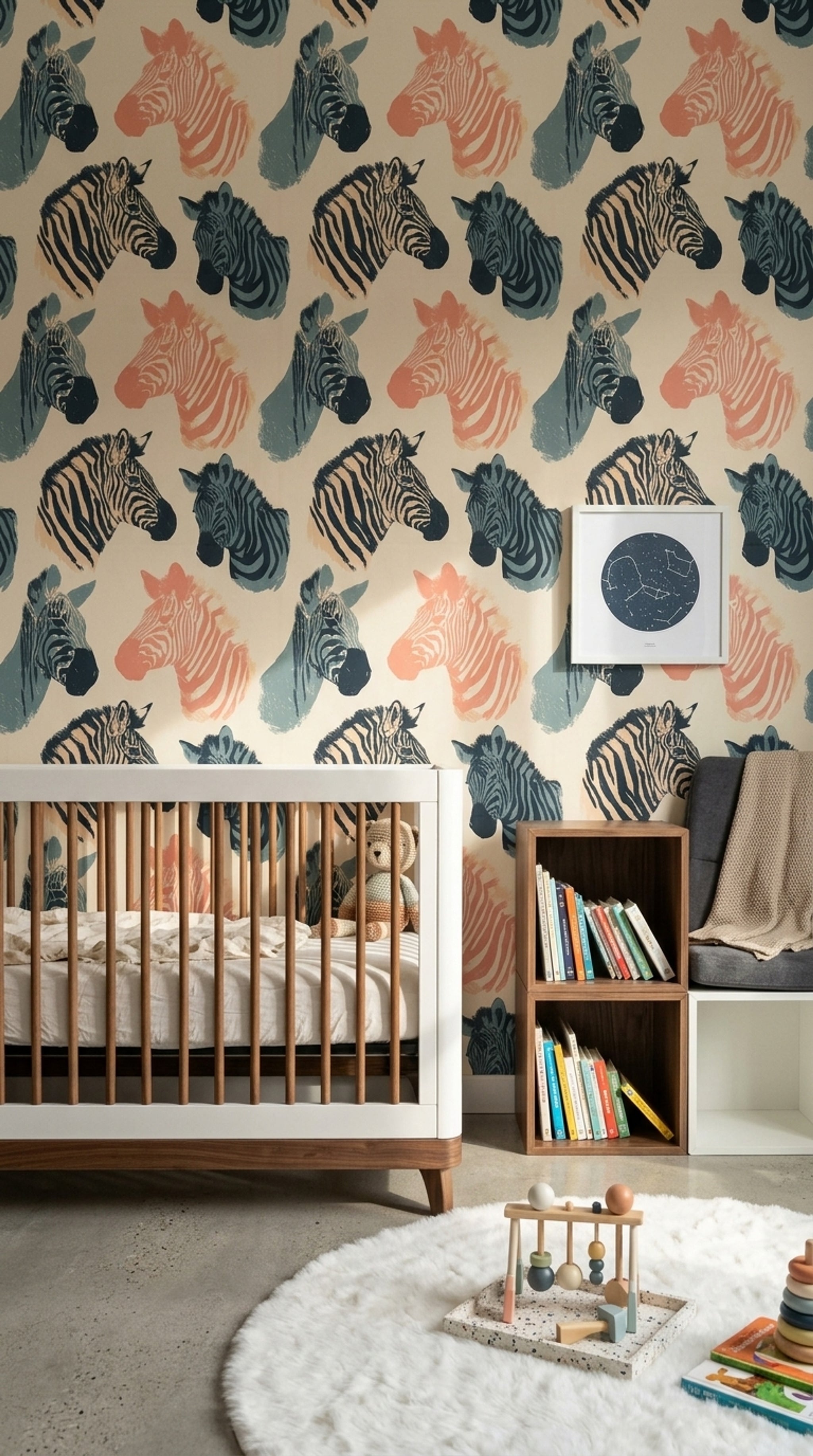 Zebra Desenli Duvar Kağıdı Lacivert Turuncu Bebek Odası