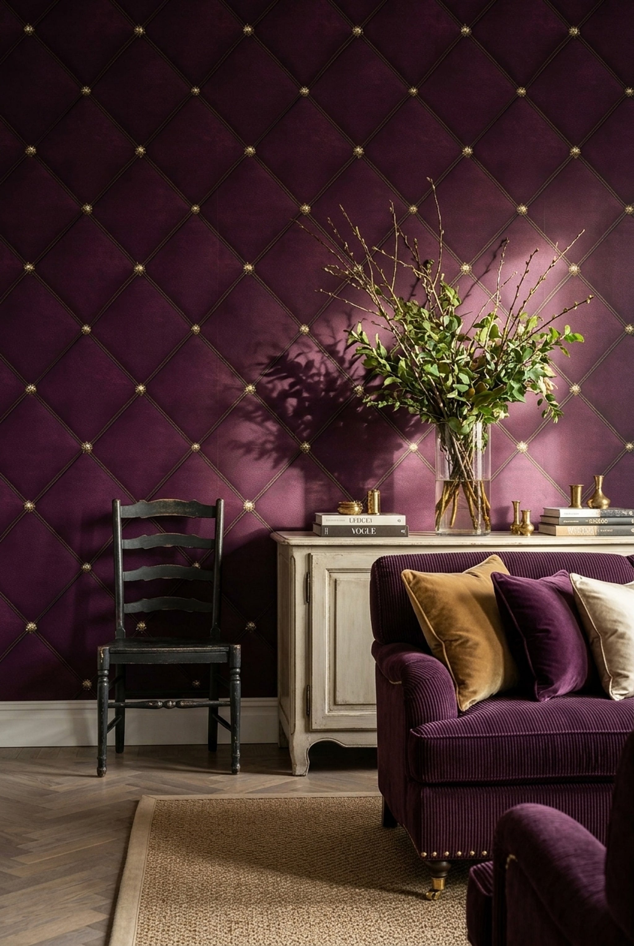 Kapitoneli Baklava Desenli Duvar Kağıdı Mor Salon Dekoru