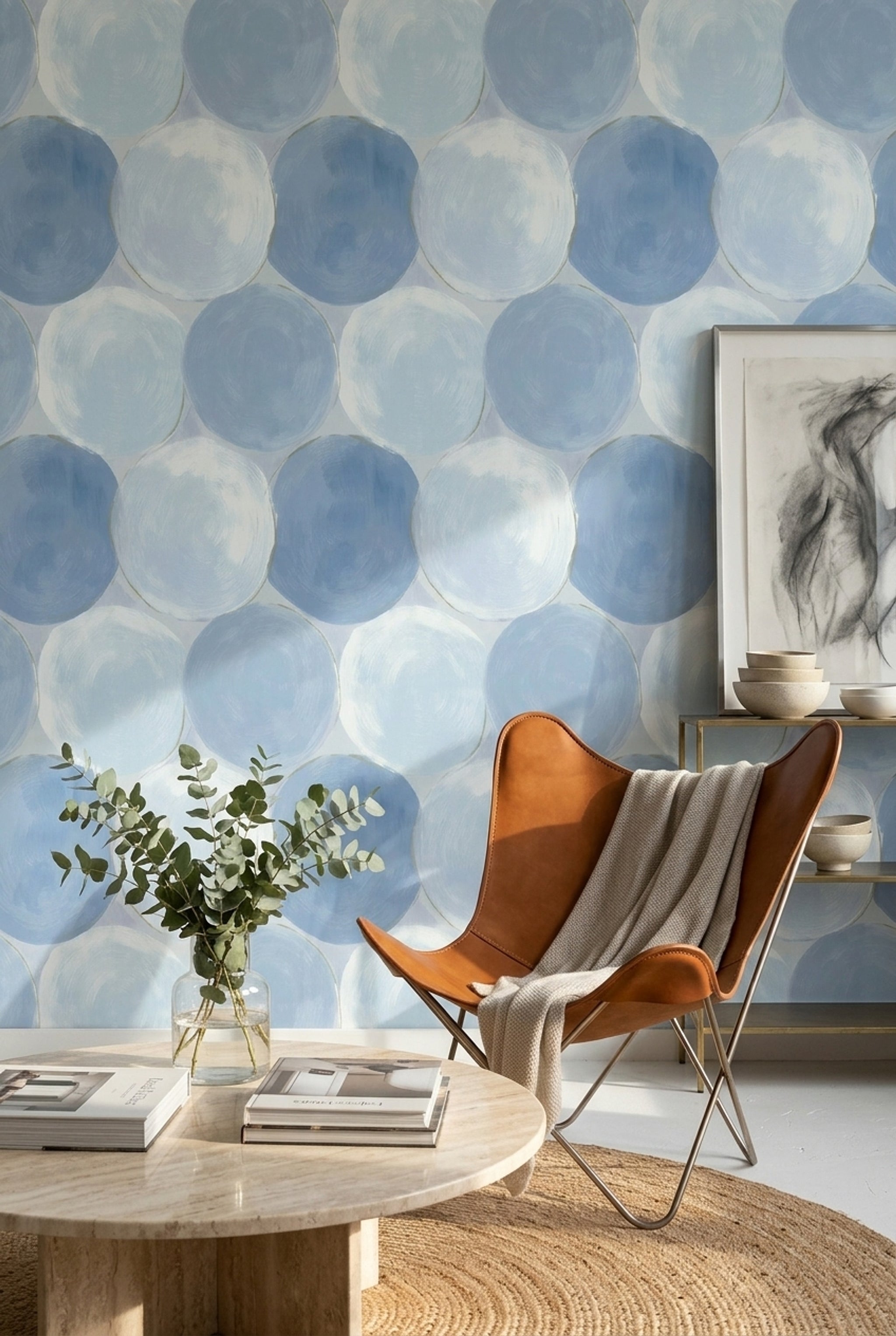 Mavi Daire Desenli Duvar Kağıdı Modern Salon Duvar Dekoru