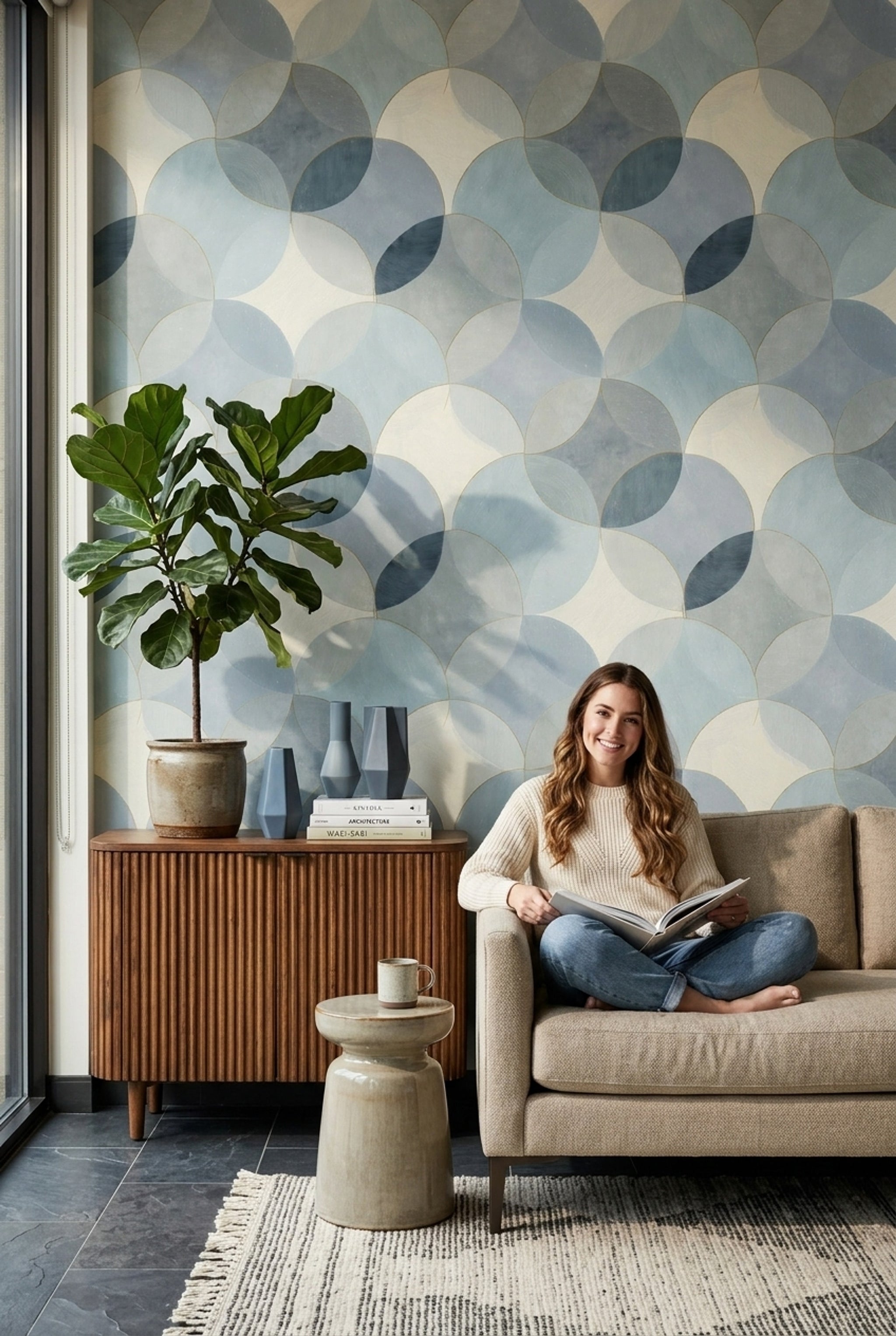 Geometrik Daire Desenli Duvar Kağıdı Mavi Krem Salon