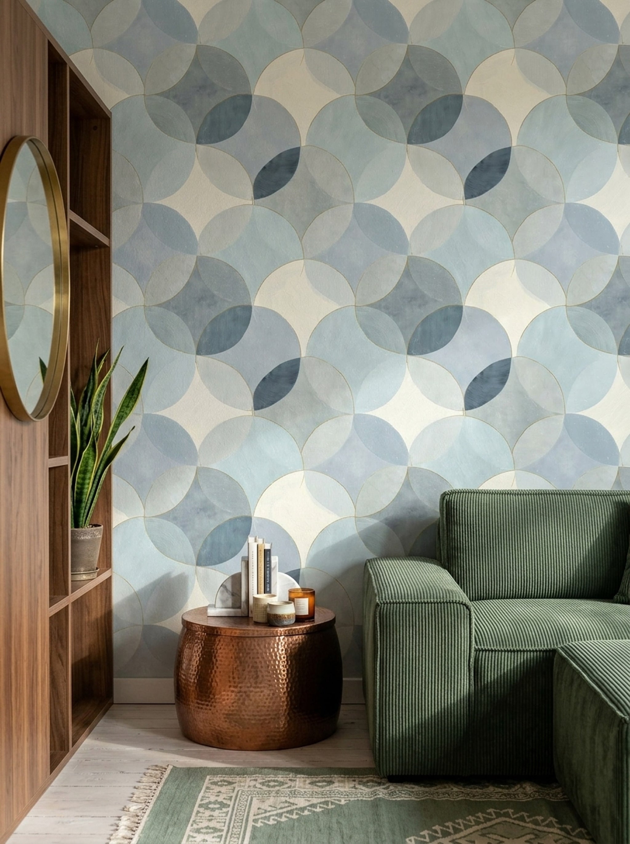 Geometrik Daire Desenli Duvar Kağıdı Mavi Krem Salon