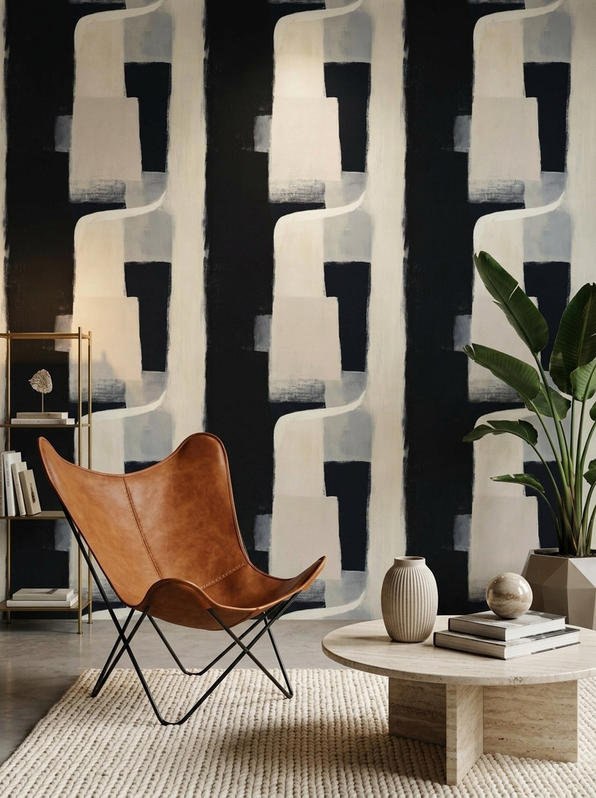 Soyut Geometrik Duvar Kağıdı Siyah Krem Desenli Salon