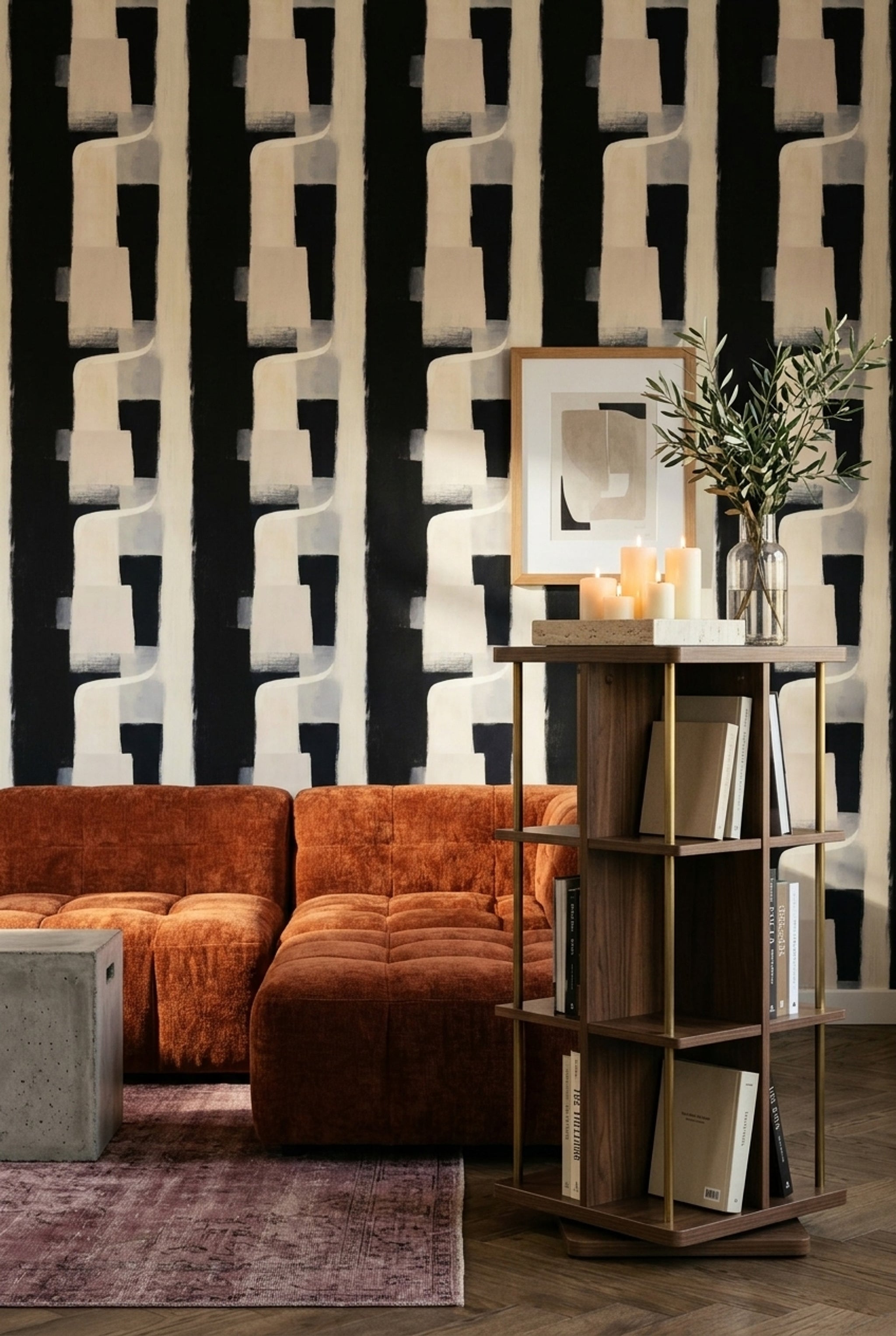 Soyut Geometrik Duvar Kağıdı Siyah Krem Desenli Salon