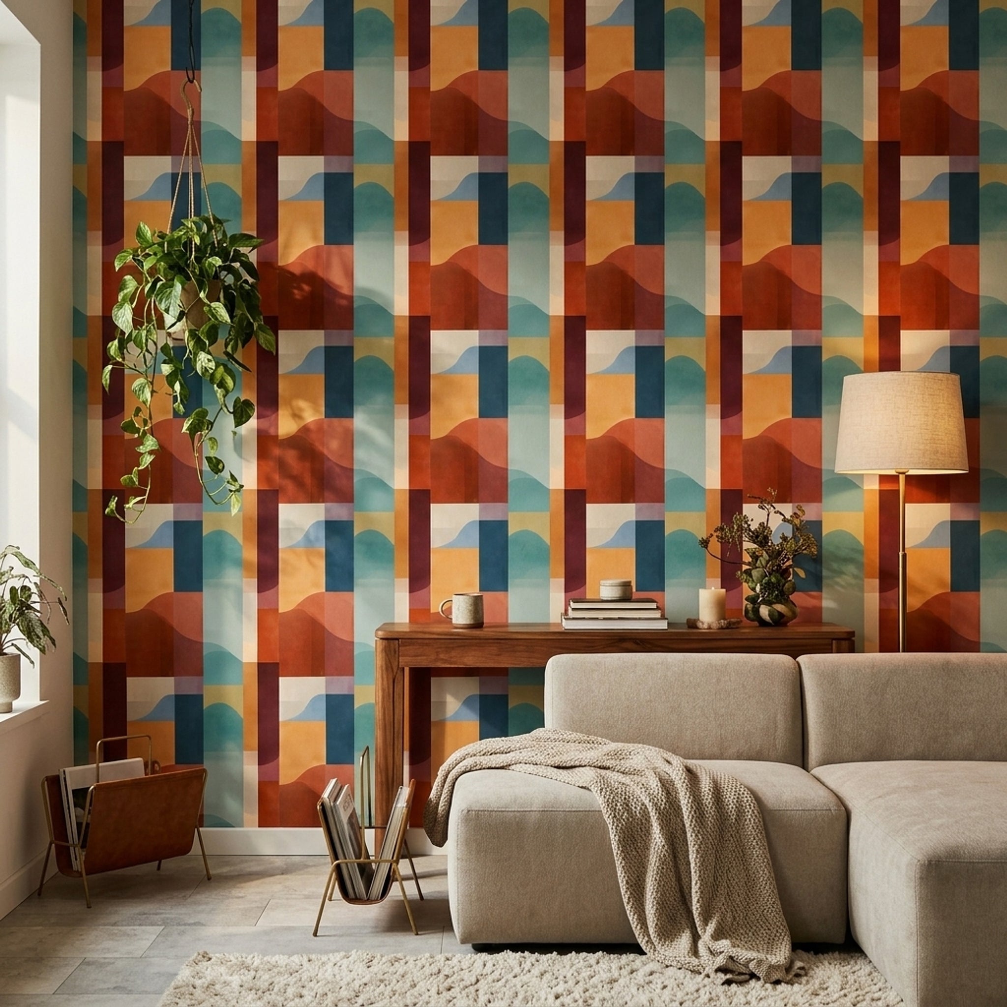 Retro Geometrik Duvar Kağıdı Turuncu Mavi Desenli Salon