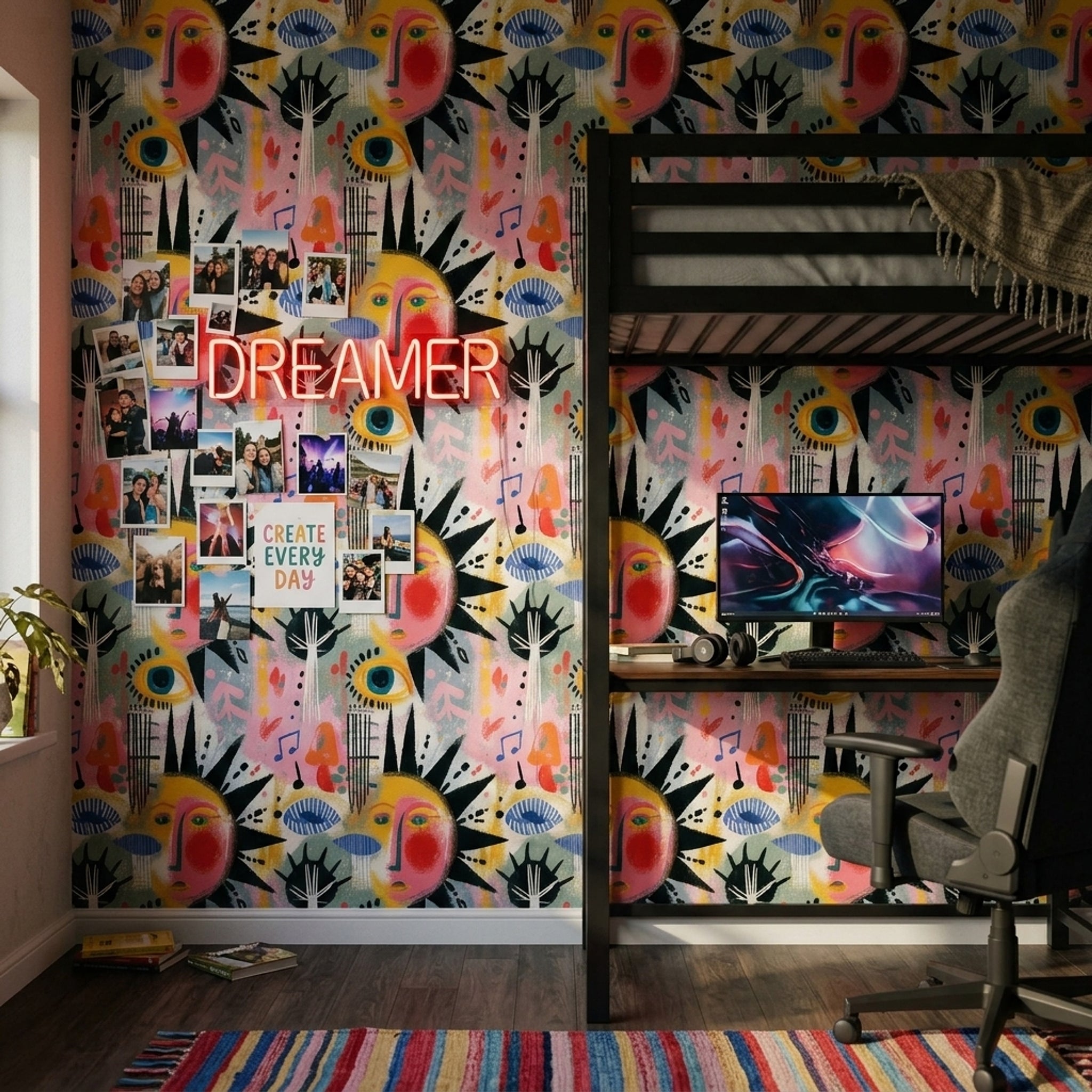 Soyut Yüz Figürlü Duvar Kağıdı Renkli Modern Salon