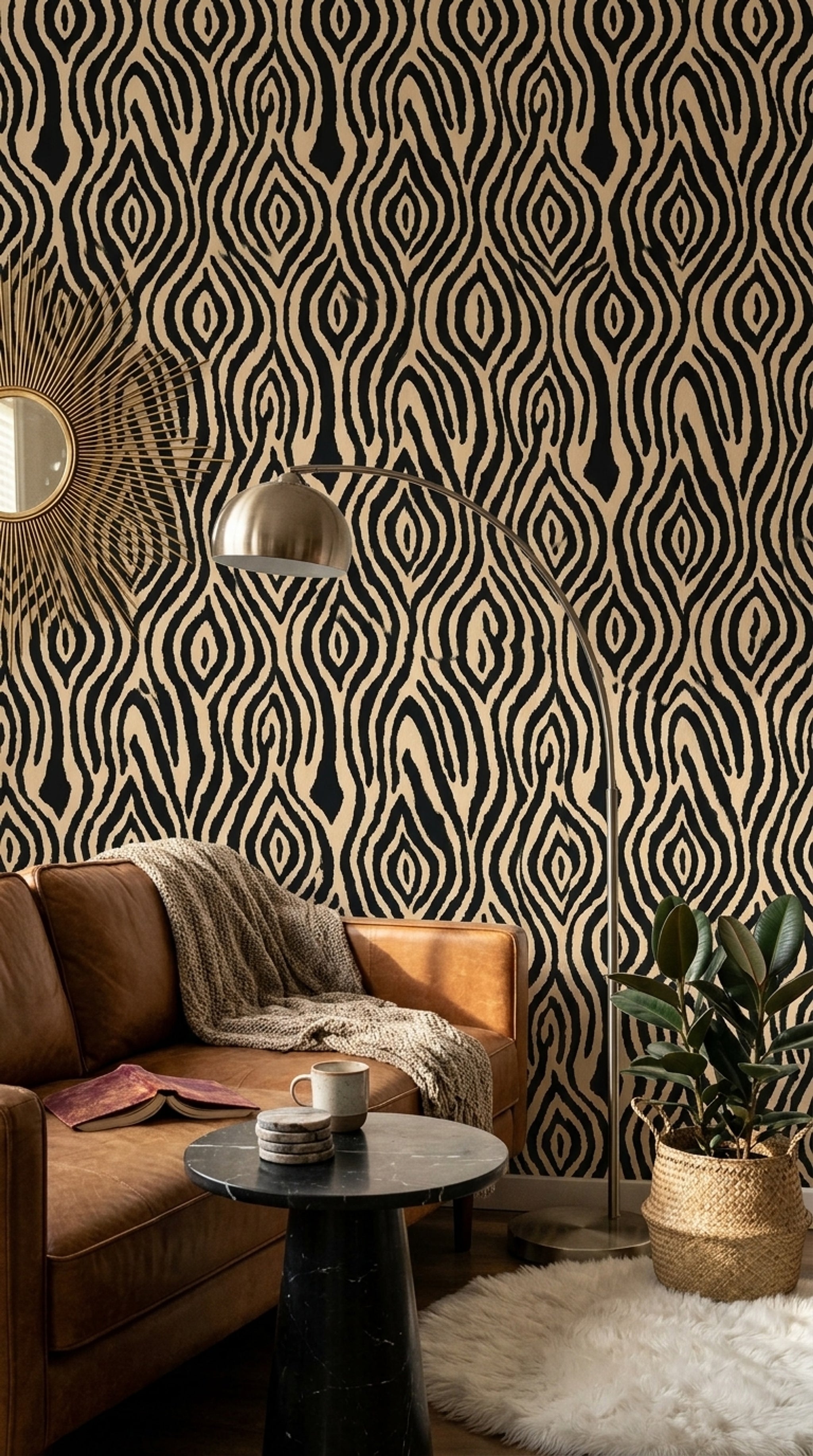 Siyah Bej Geometrik Desenli Duvar Kağıdı Modern Salon