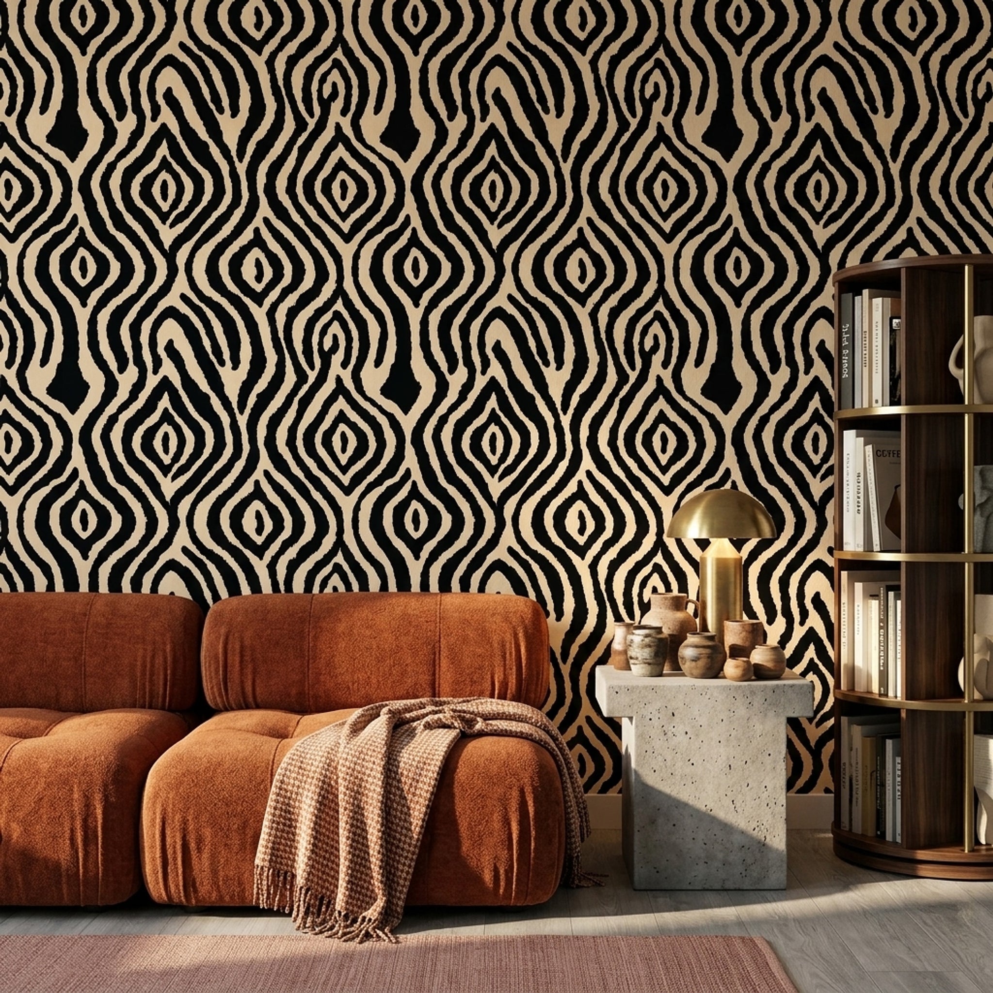 Siyah Bej Geometrik Desenli Duvar Kağıdı Modern Salon
