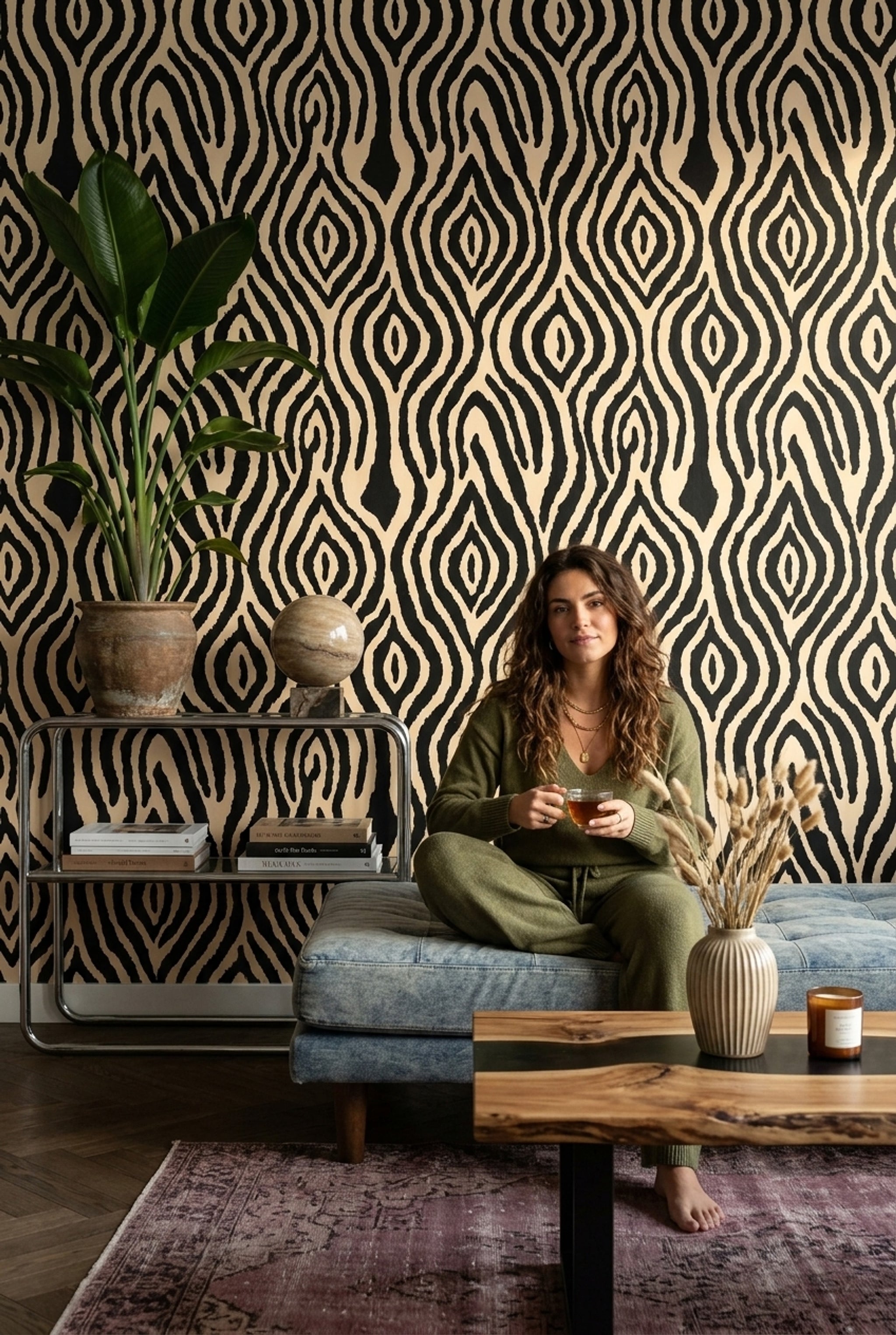 Siyah Bej Geometrik Desenli Duvar Kağıdı Modern Salon