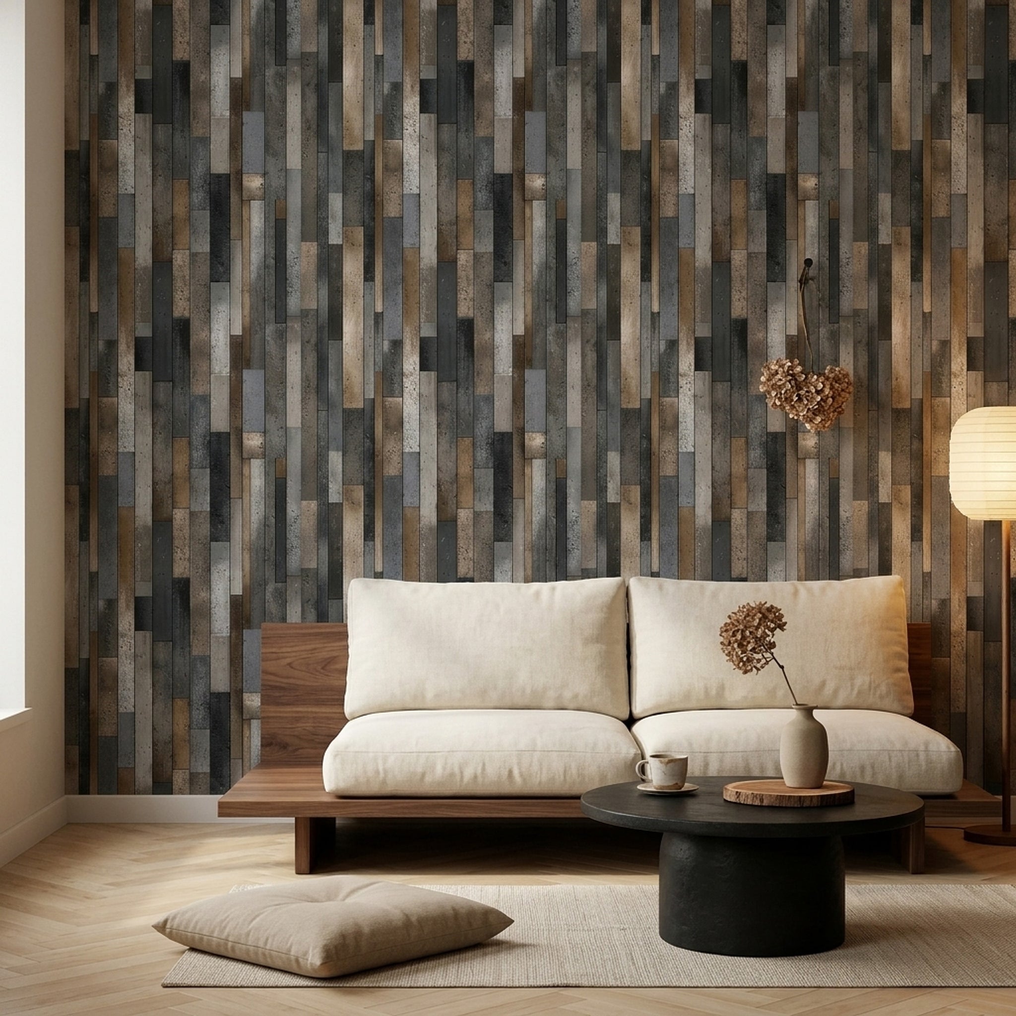 Ahşap Görünümlü Duvar Kağıdı Gri Kahverengi Çizgili Salon