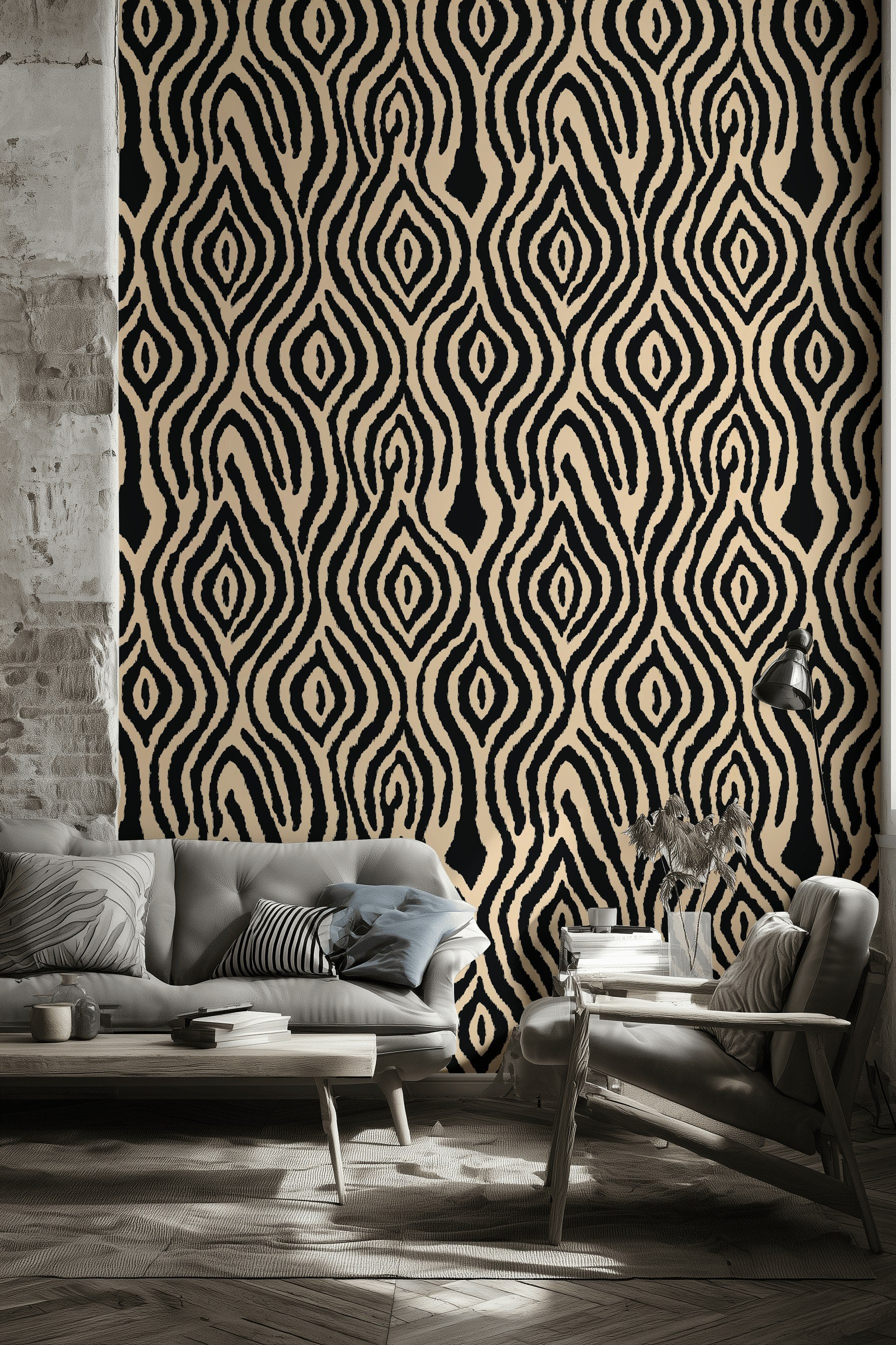 Siyah Bej Geometrik Desenli Duvar Kağıdı Modern Salon