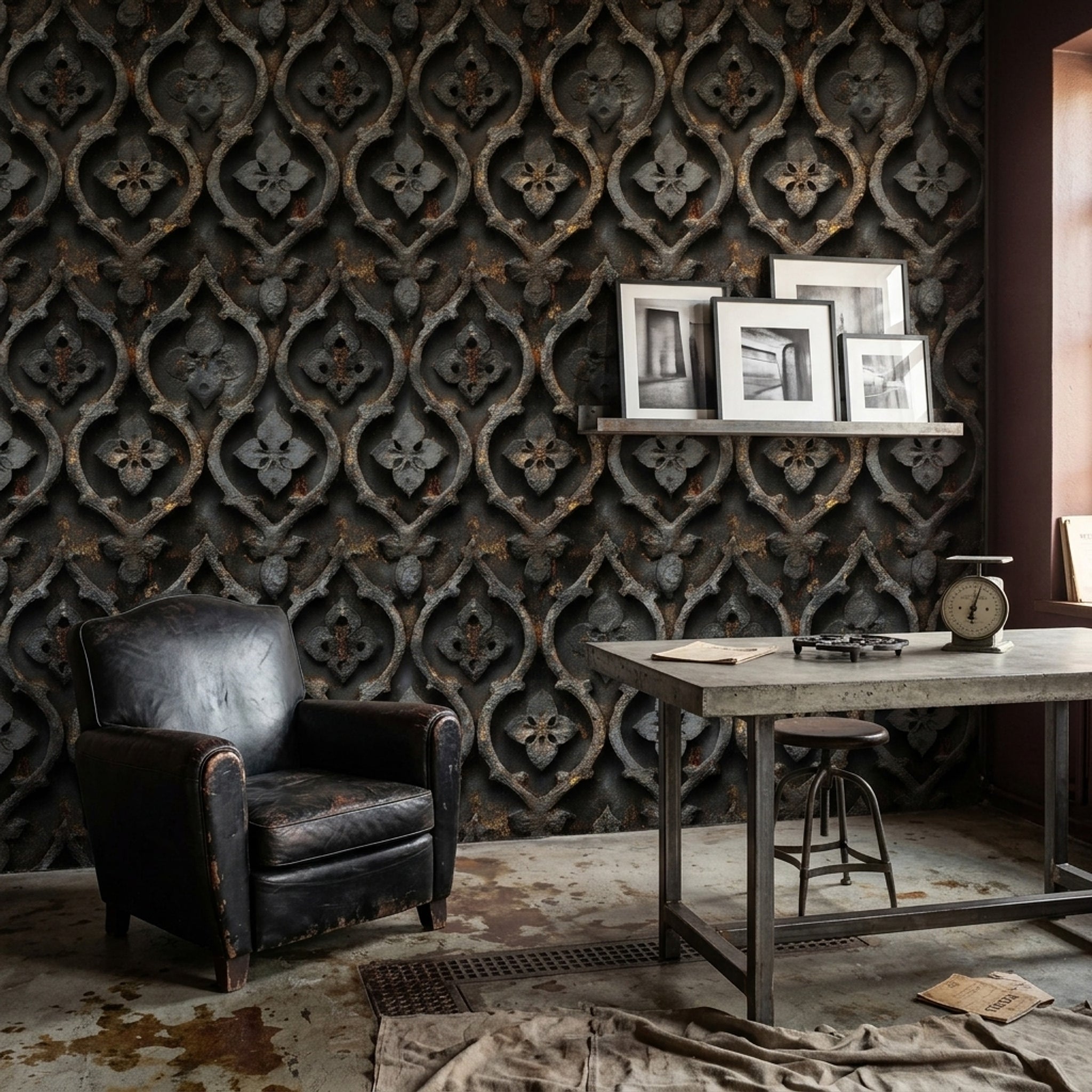 Gotik Kafes Desenli Duvar Kağıdı Antrasit Rustik Salon