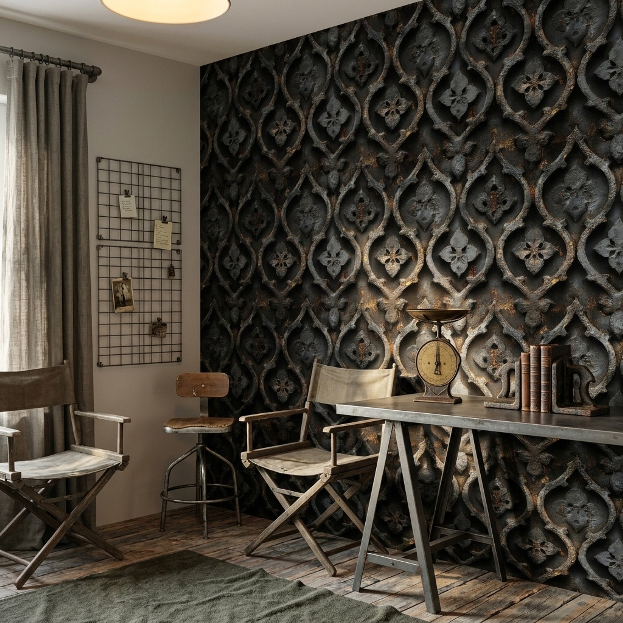 Gotik Kafes Desenli Duvar Kağıdı Antrasit Rustik Salon