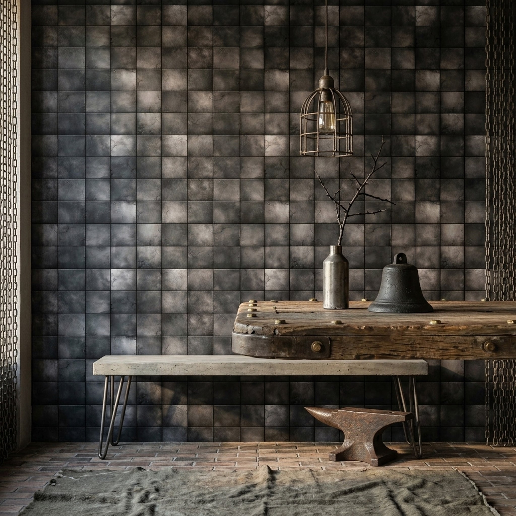 Antrasit Kare Fayans Görünümlü Duvar Kağıdı Modern Salon