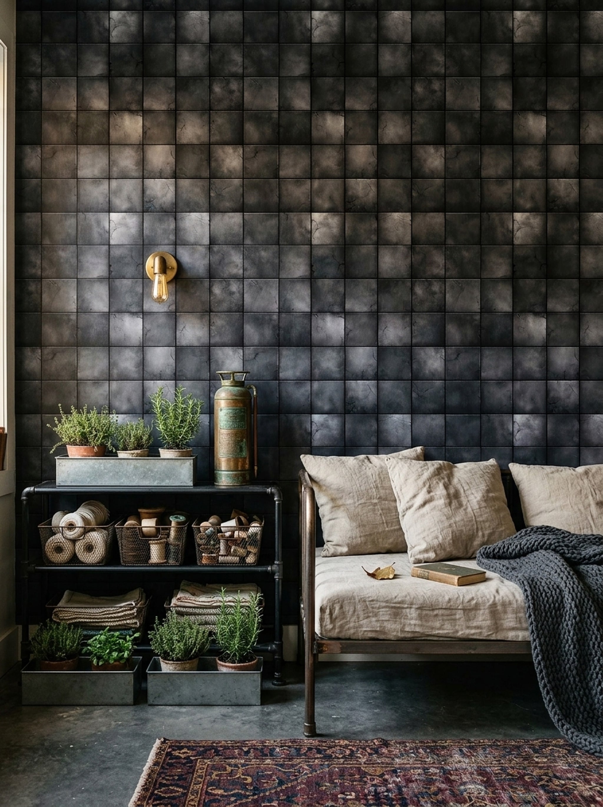 Antrasit Kare Fayans Görünümlü Duvar Kağıdı Modern Salon
