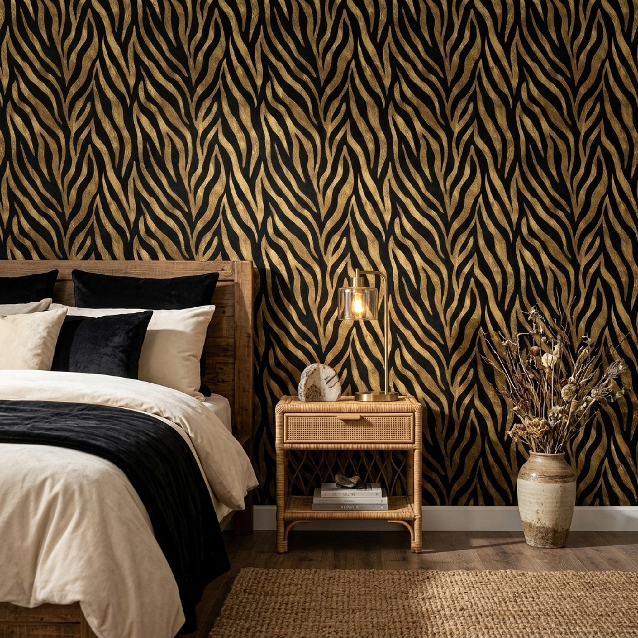 Zebra Desenli Duvar Kağıdı Siyah Altın Salon Dekoru