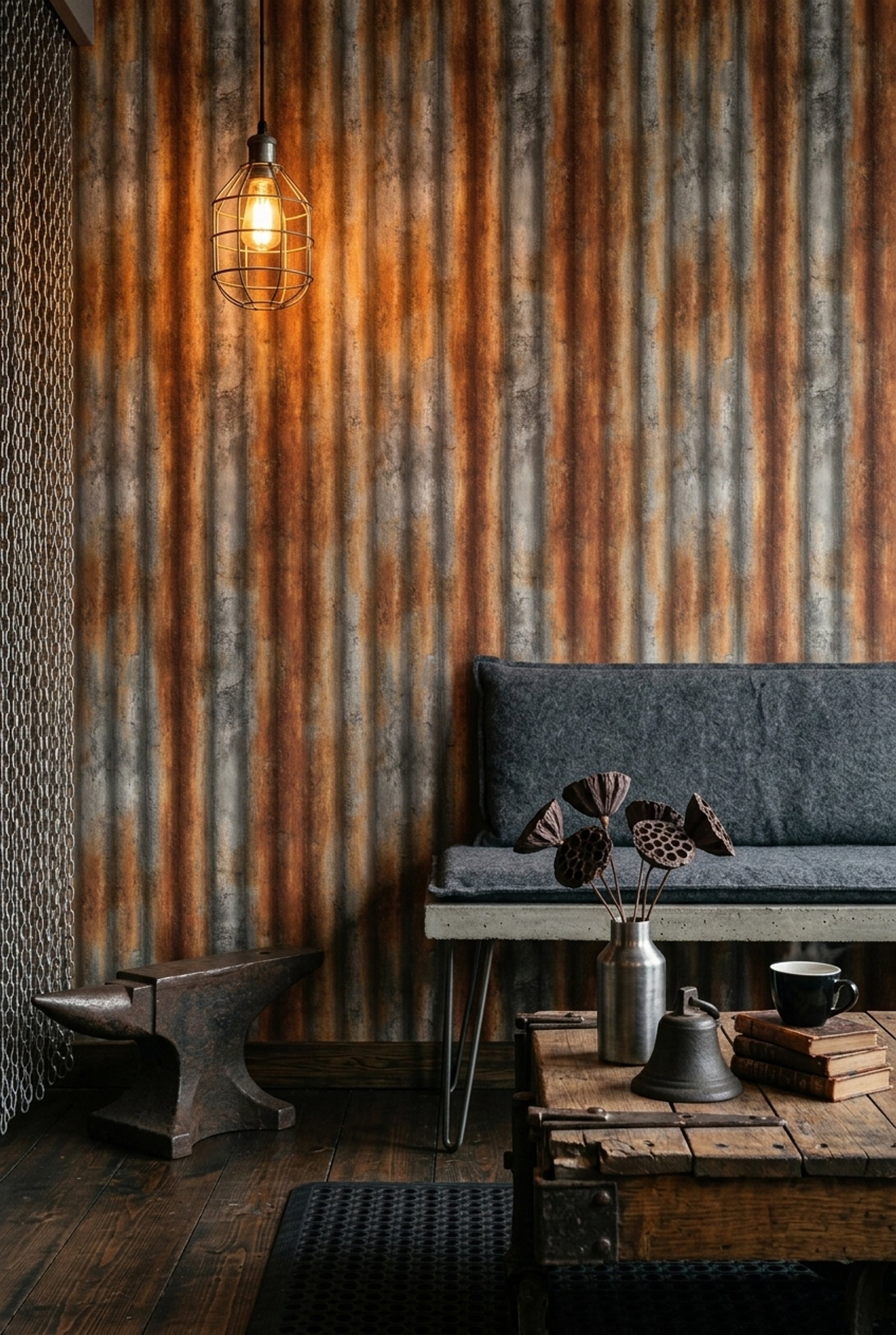 Paslı Metal Oluklu Sac Görünümlü Duvar Kağıdı Endüstriyel Salon